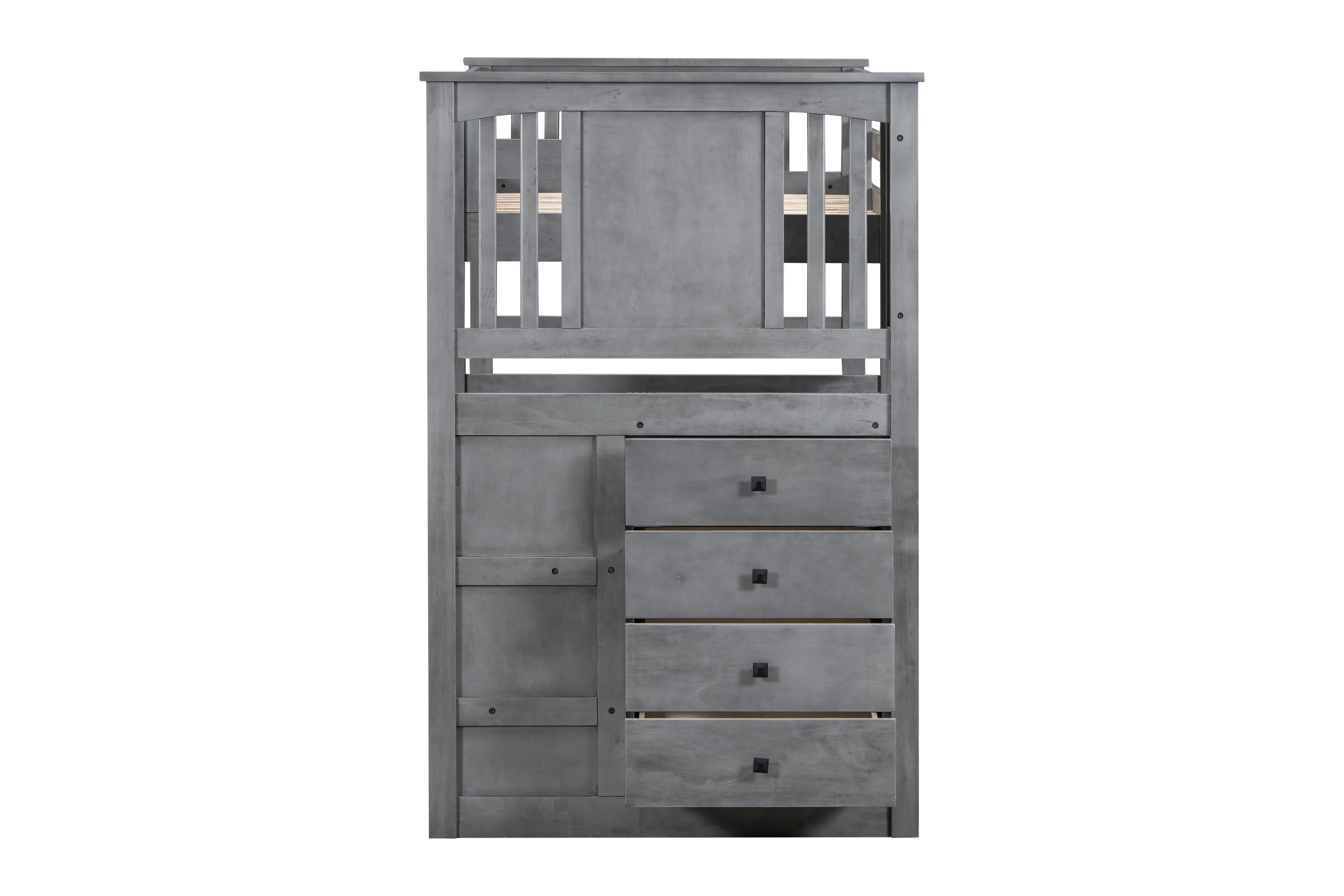 Gray Stairway Twin Over Twin Bunk Bed with Built-In Storage Drawers - Image 3