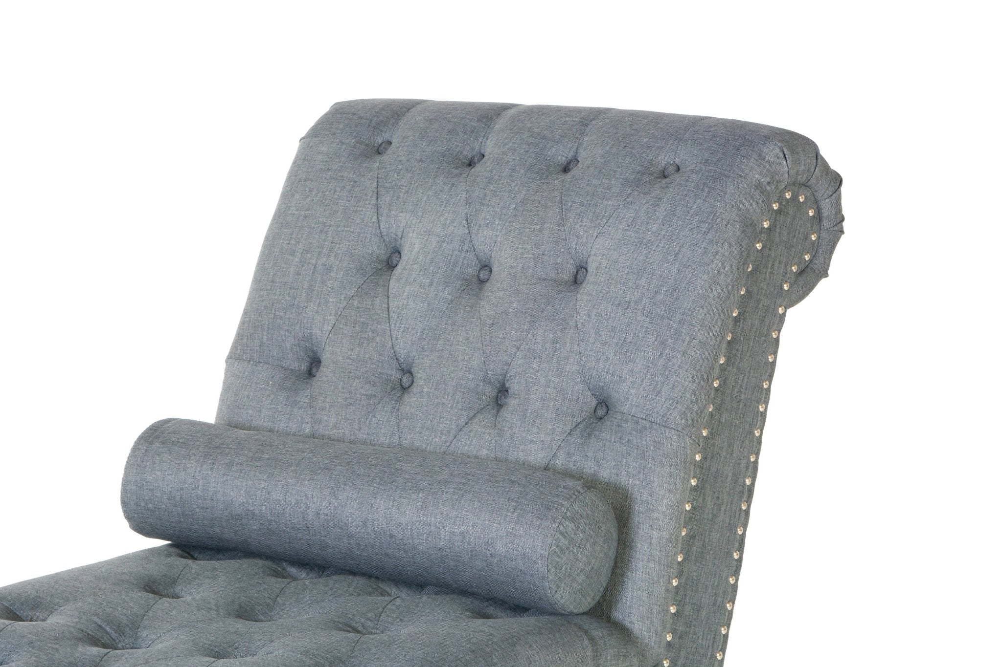 Gray Tufted Chaise Lounge with Nailhead Trim & Bolster Pillow - Image 4