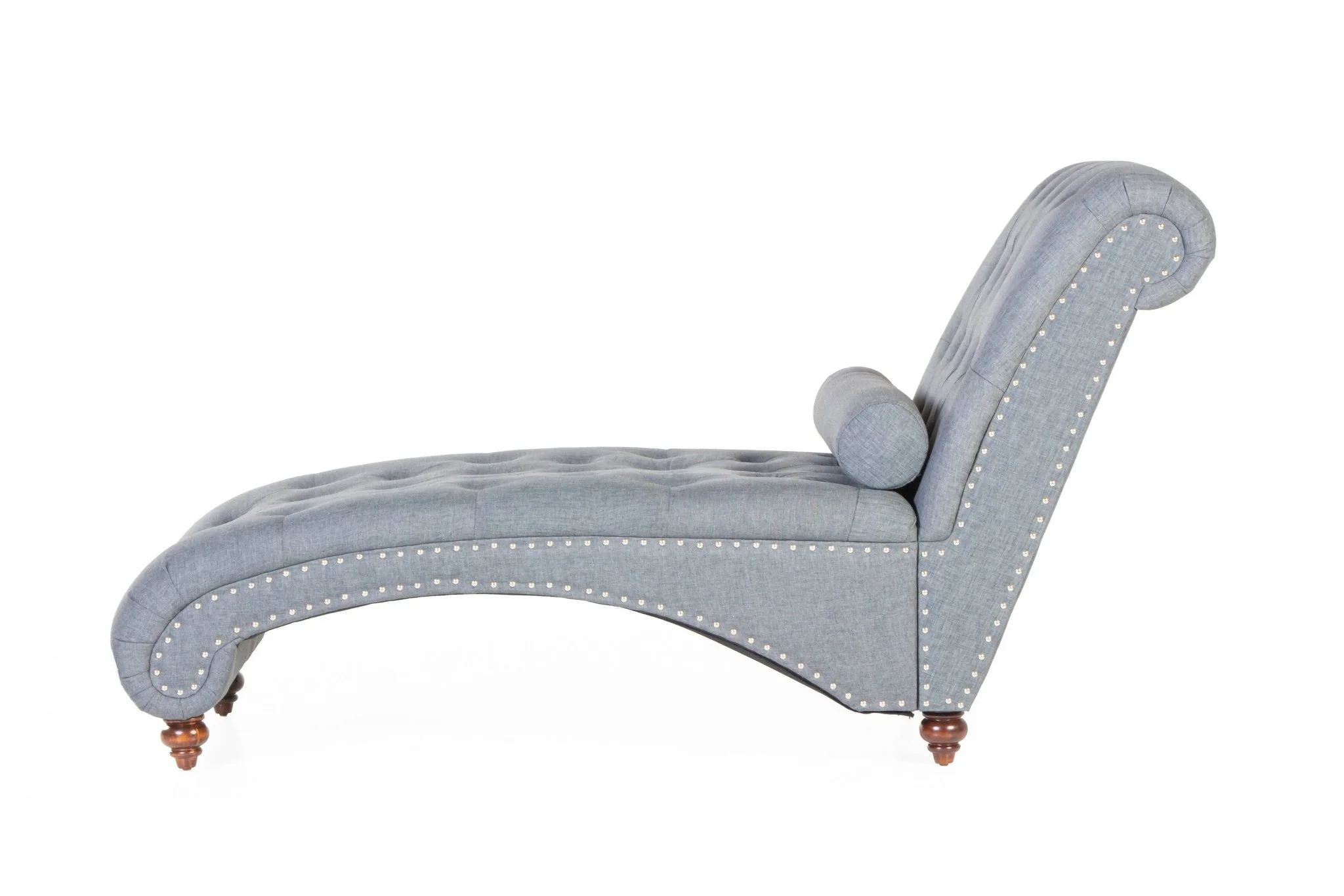 Gray Tufted Chaise Lounge with Nailhead Trim & Bolster Pillow - Image 7