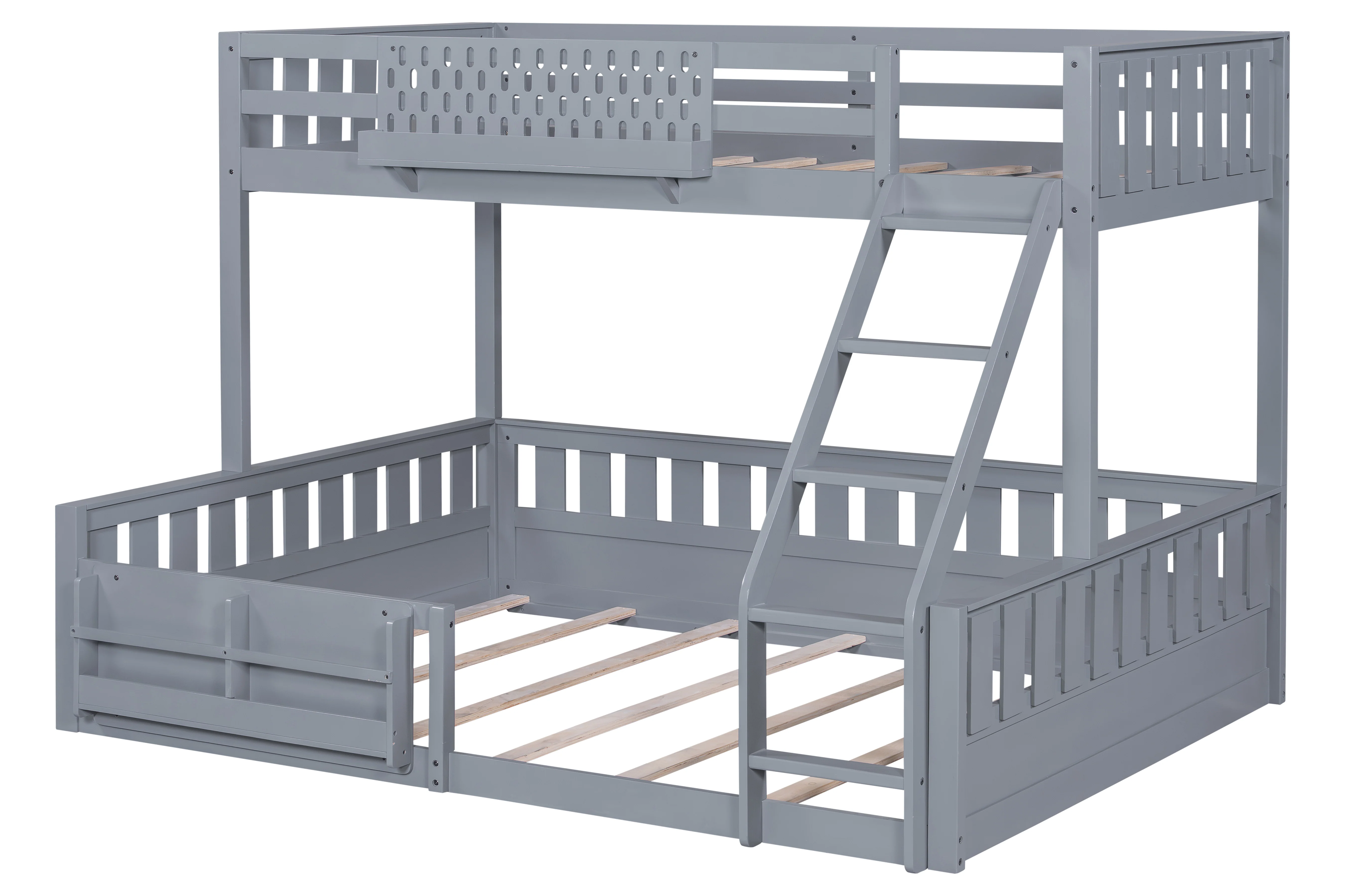 Twin Over Queen Bunk Bed with Ladder and Book Storage Shelf - Gray - Image 2