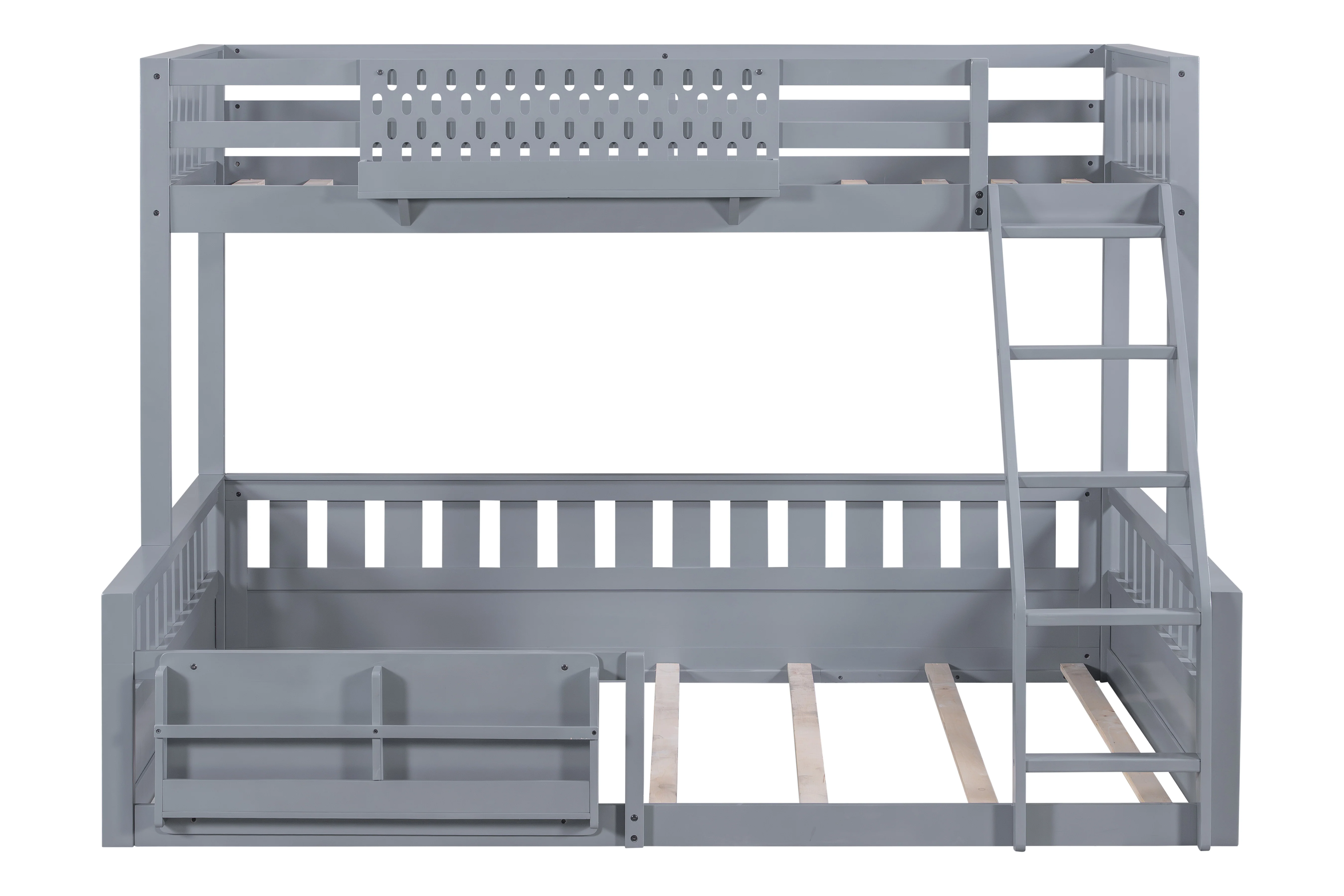 Twin Over Queen Bunk Bed with Ladder and Book Storage Shelf - Gray - Image 5