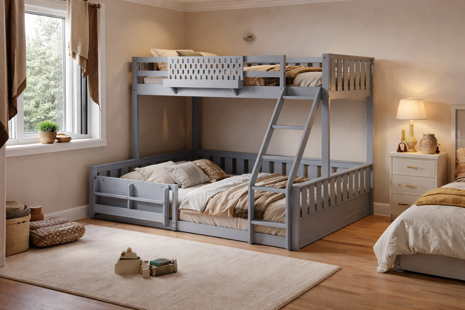Twin Over Queen Bunk Bed with Ladder and Book Storage Shelf - Gray - Image 6
