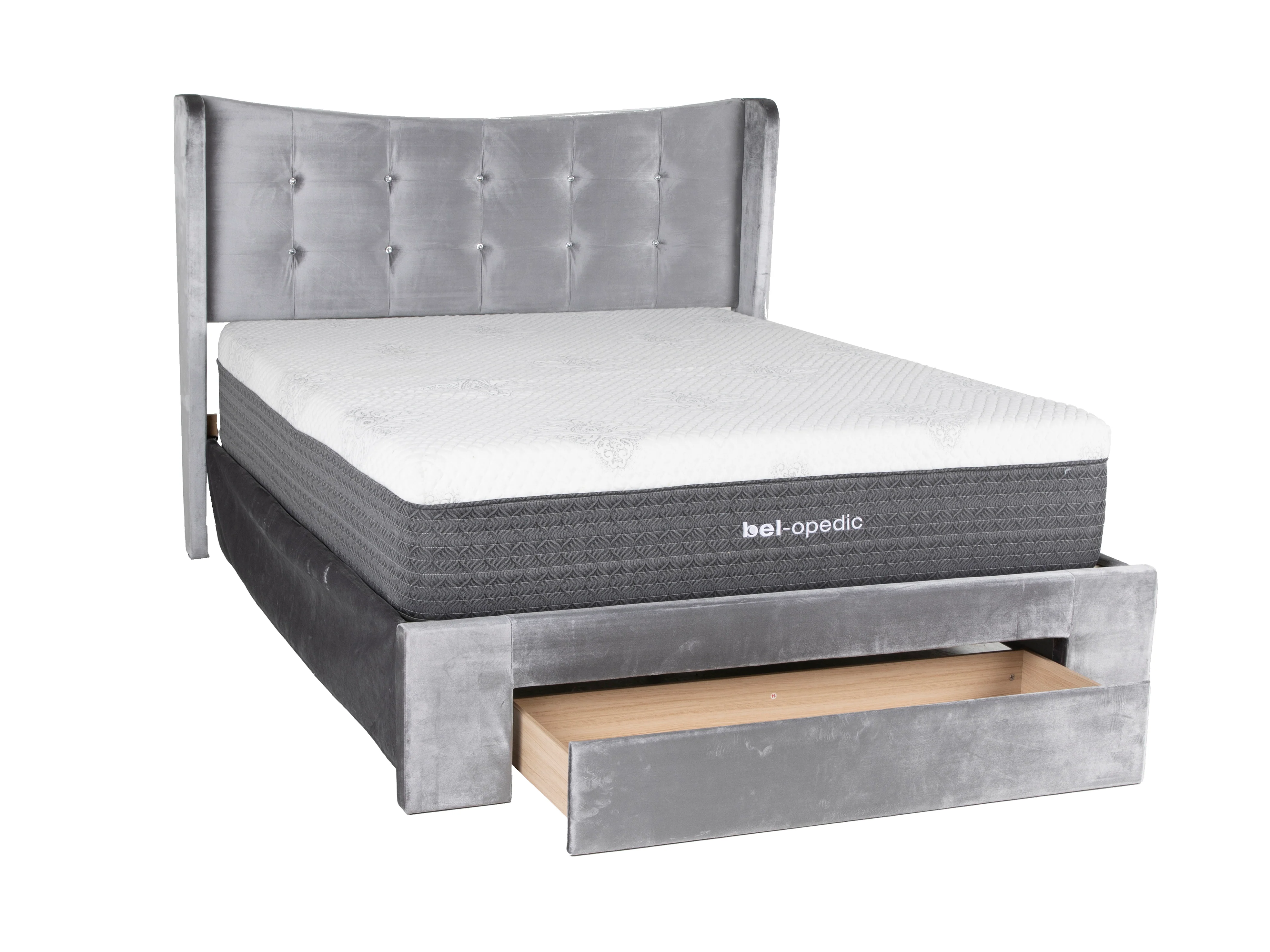 Gray Velvet Tufted Wingback Storage Queen Bed - Image 2