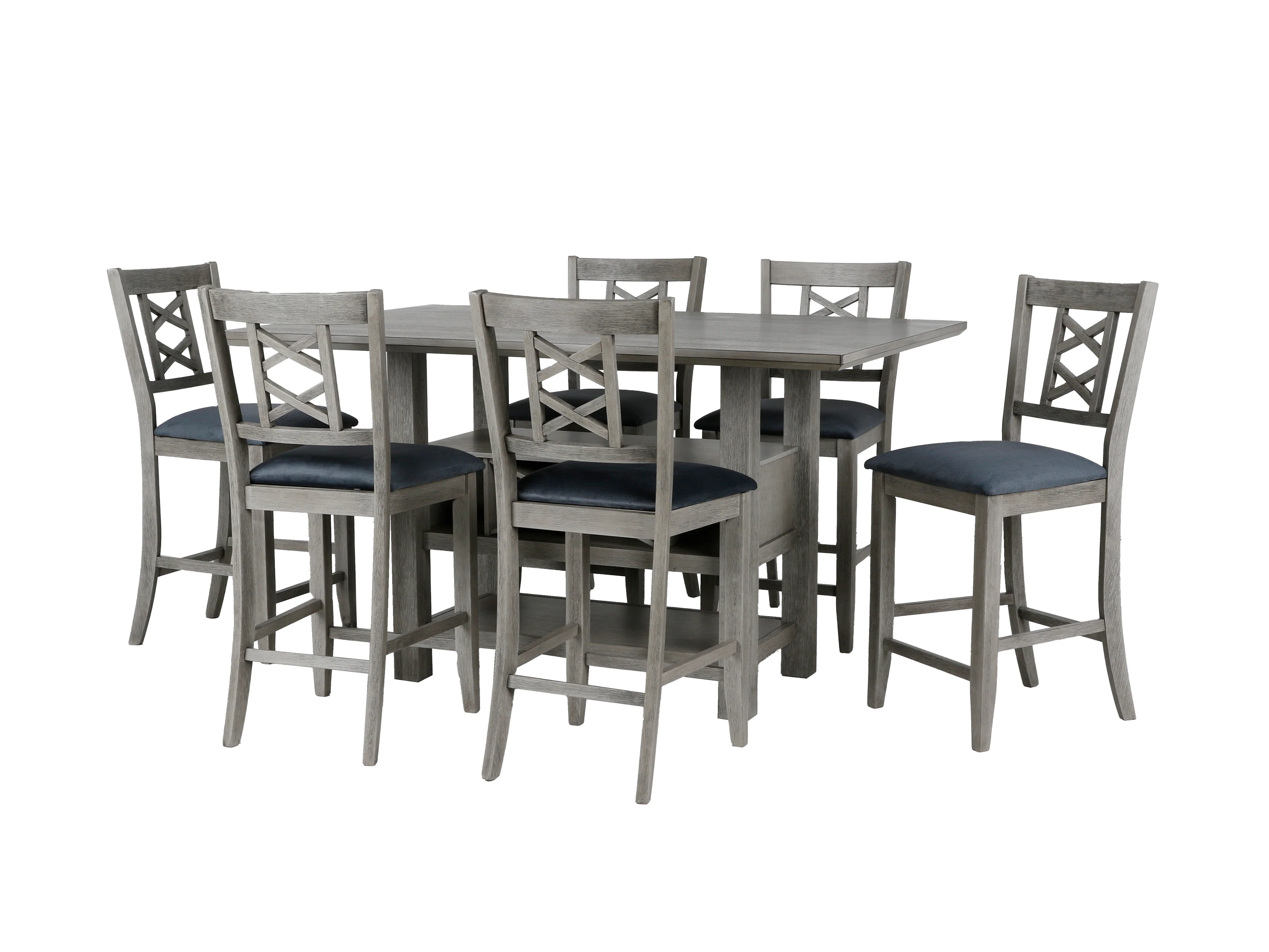 Gray Wood 7-Piece Counter Height Dining Set with Built-In Wine Rack & Storage Shelf - Image 2