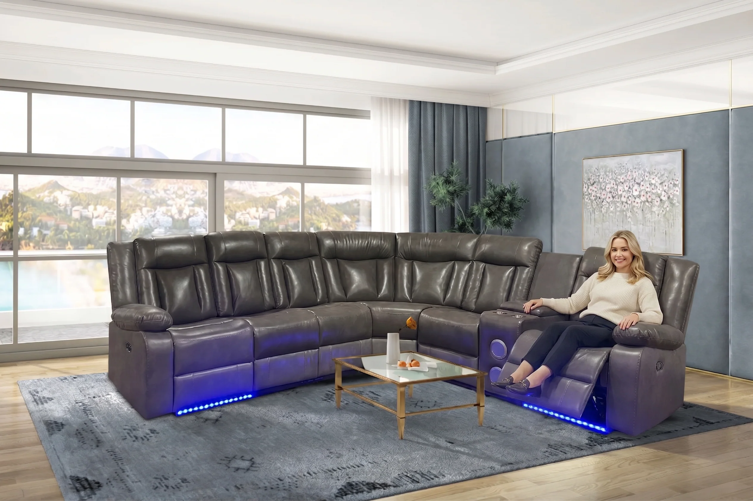 Grey 3-Piece Power Reclining Sectional with Drop-Down Table, Console & Speaker - Image 2
