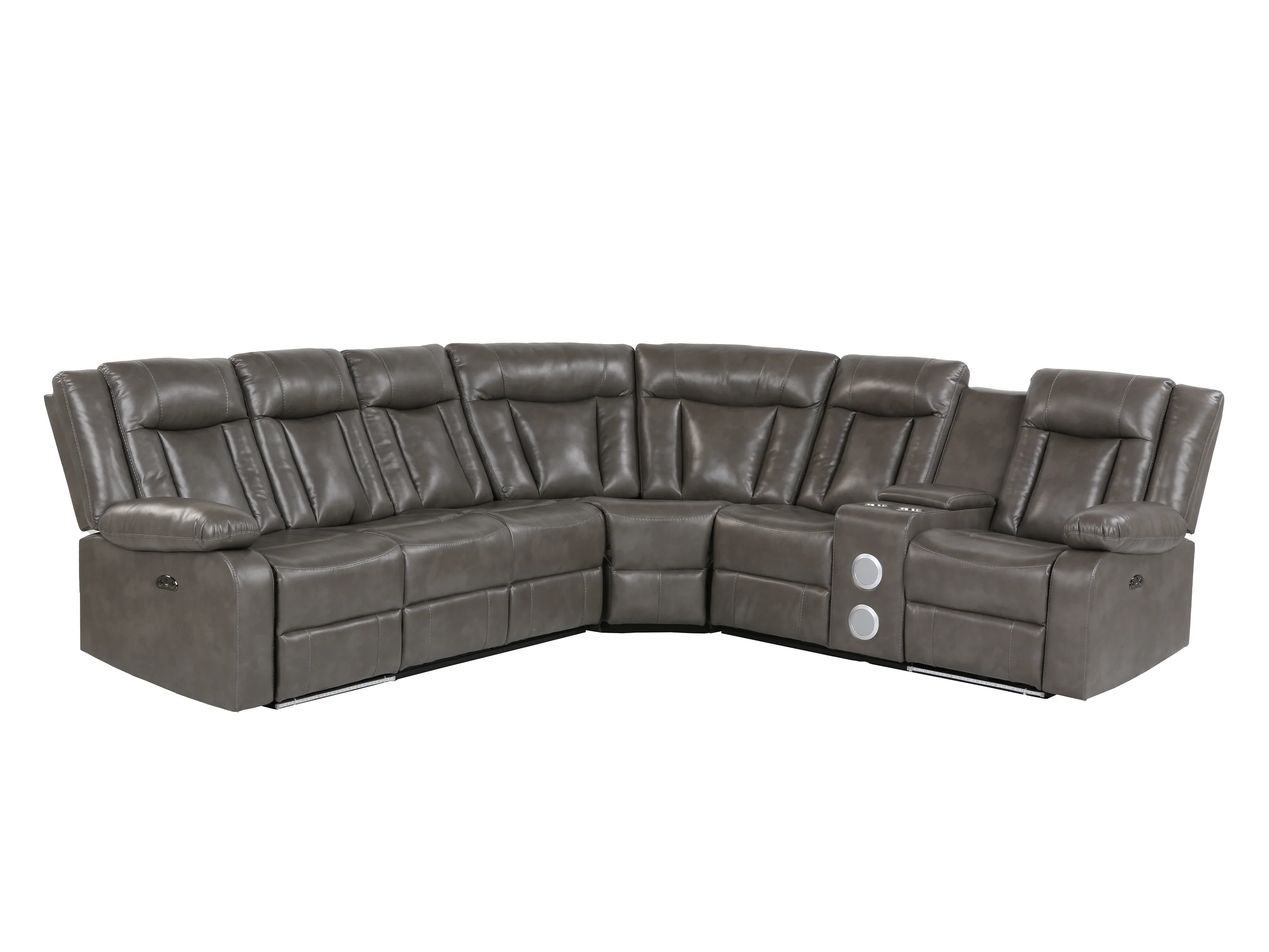 Grey 3-Piece Power Reclining Sectional with Drop-Down Table, Console & Speaker - Image 3