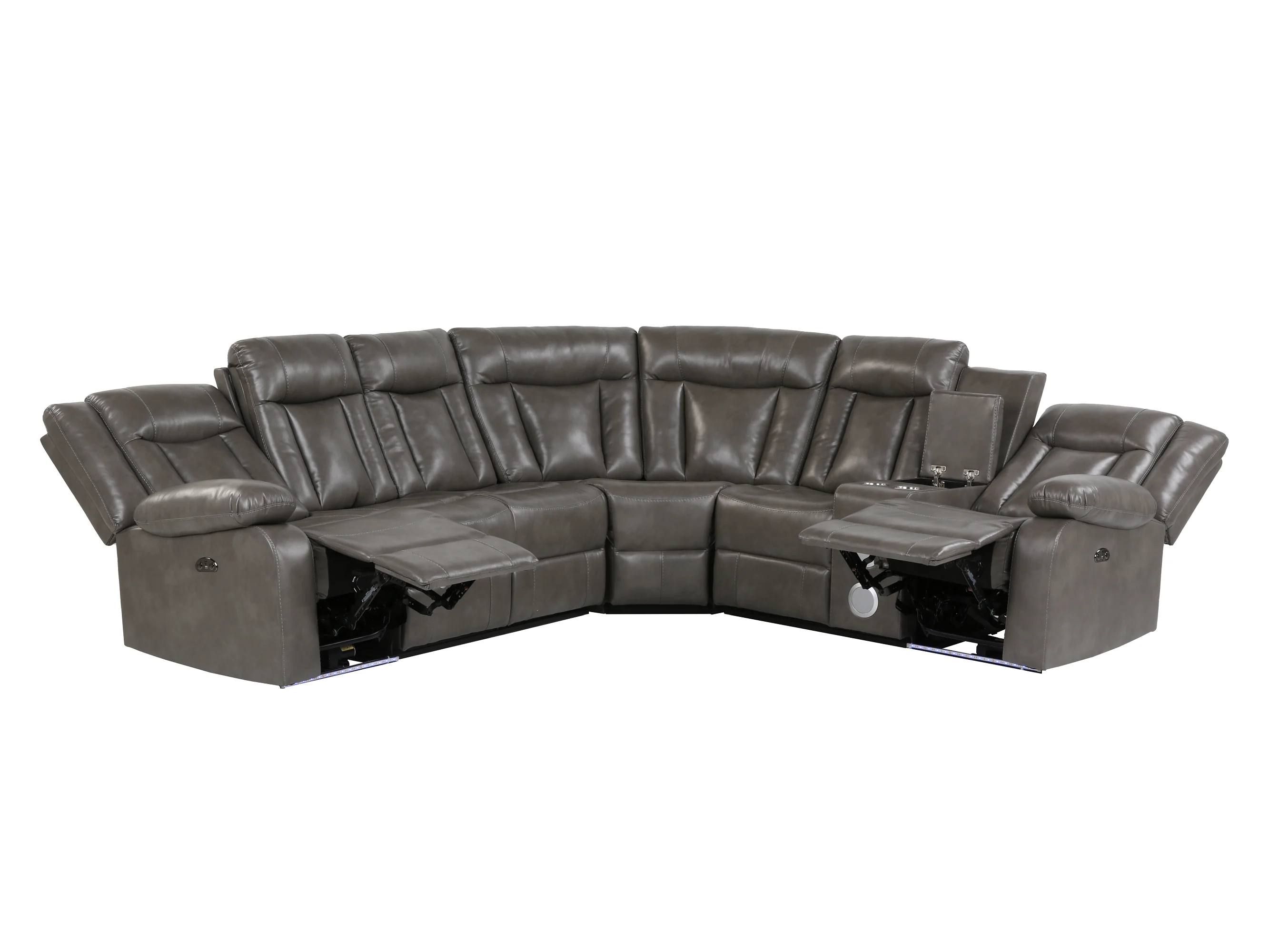 Grey 3-Piece Power Reclining Sectional with Drop-Down Table, Console & Speaker - Image 4