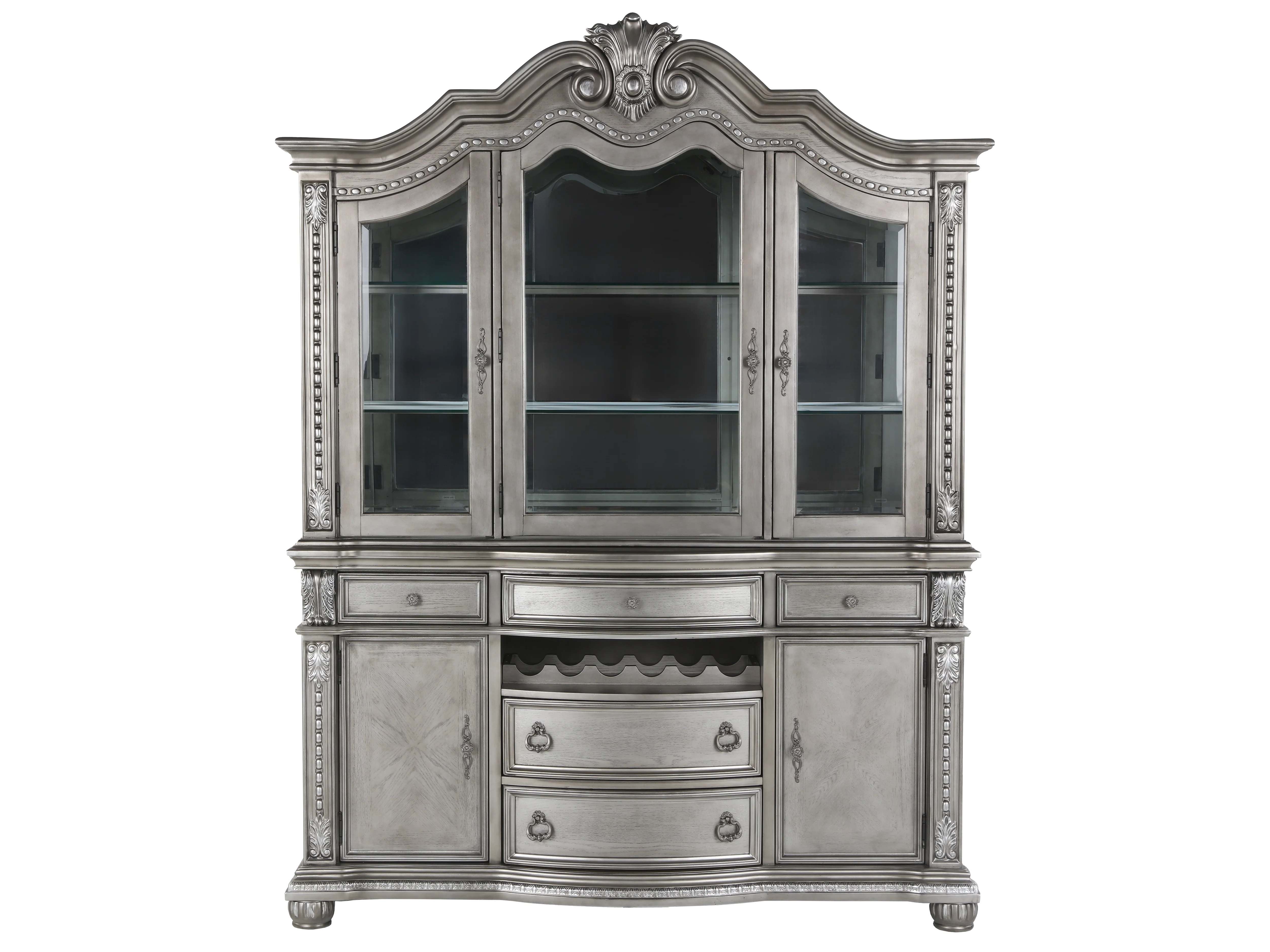 Grey Traditional Buffet & Hutch with LED Lighting & Wine Storage