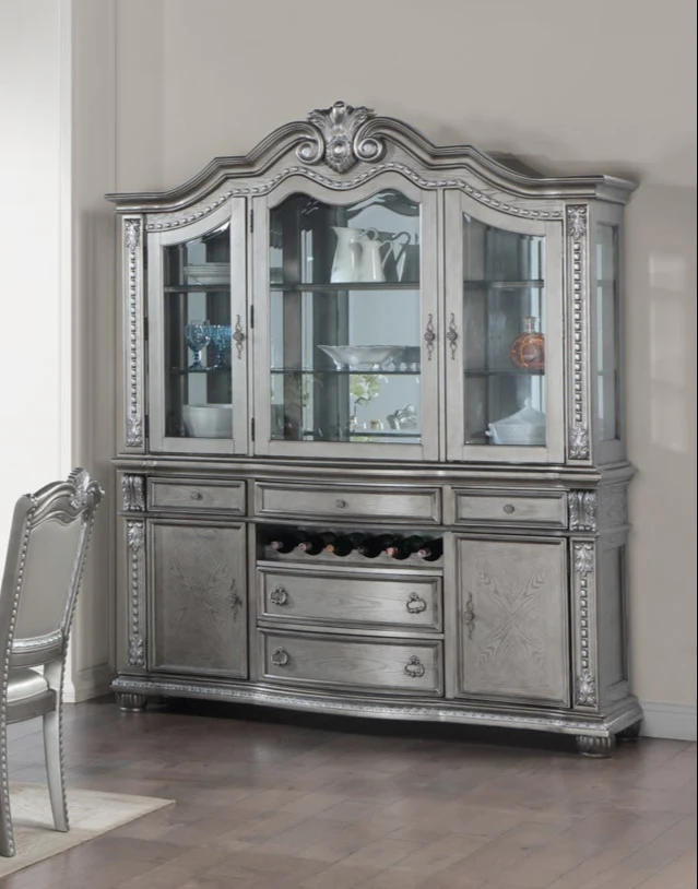 Grey Traditional Buffet & Hutch with LED Lighting & Wine Storage - Image 2