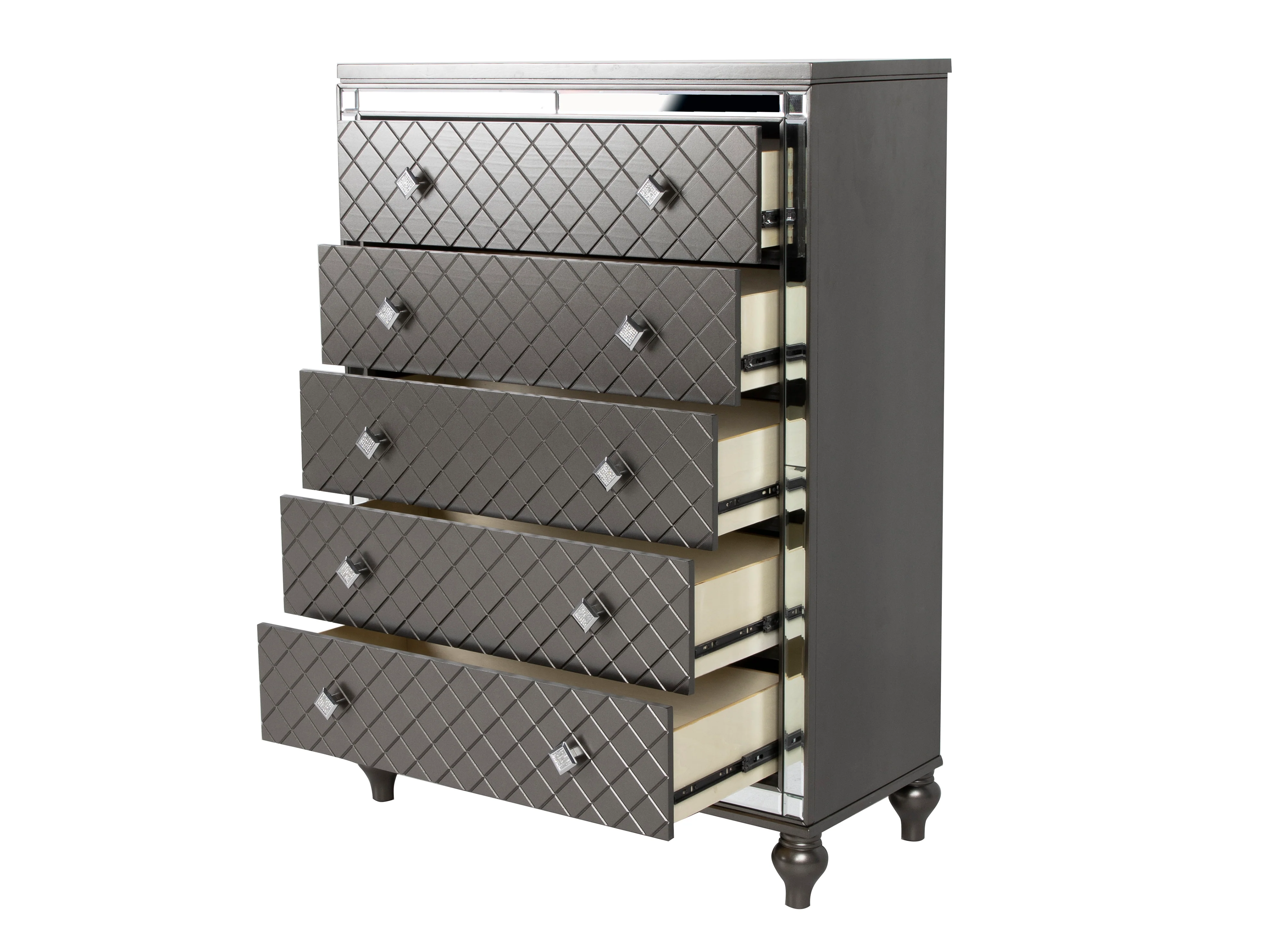 Gunmetal Mirrored 5-Drawer Chest with Diamond Pattern Fronts - Image 2