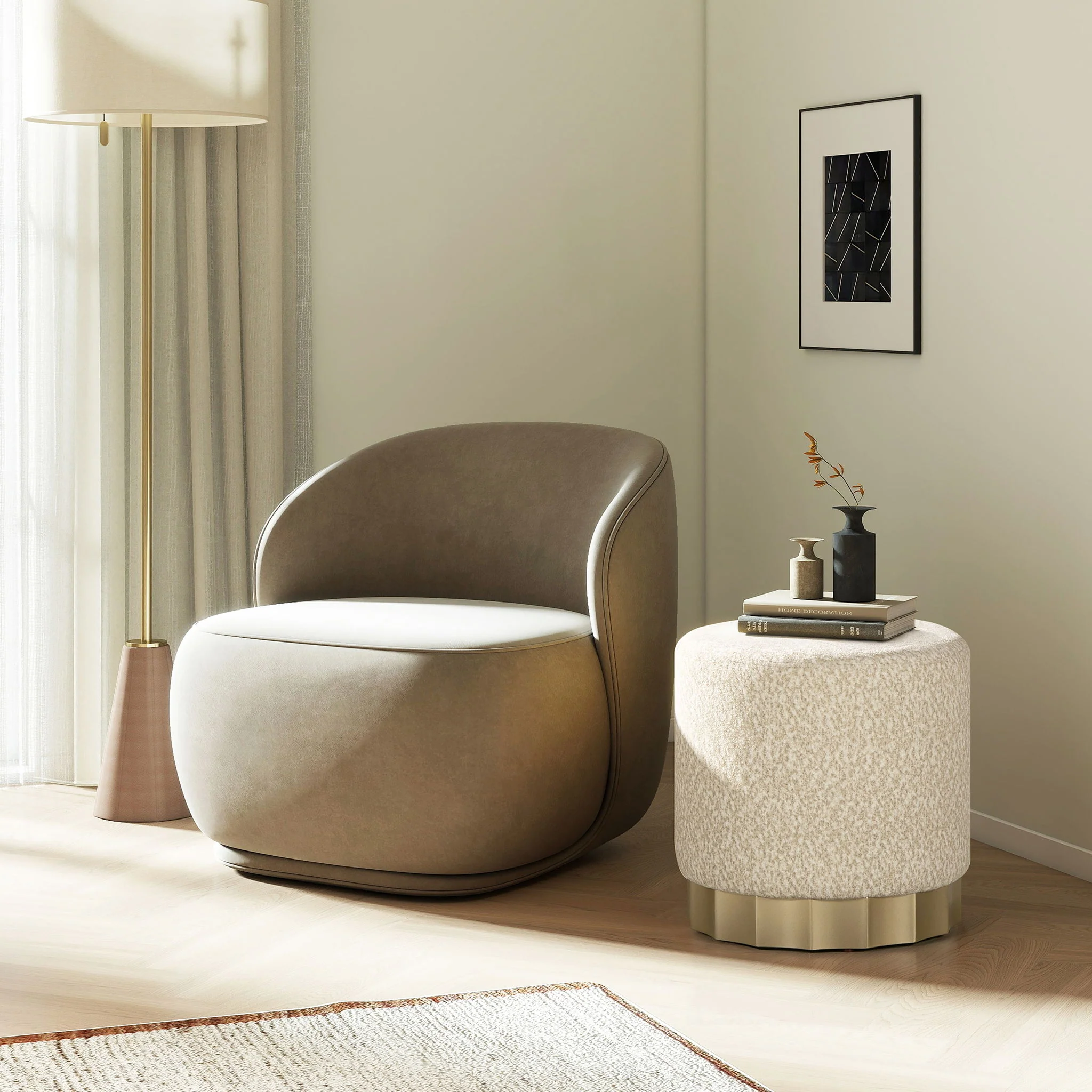 Hampton - Round Upholstered Ottoman With Scalloped Base - Speckled Egg Beige - Image 3