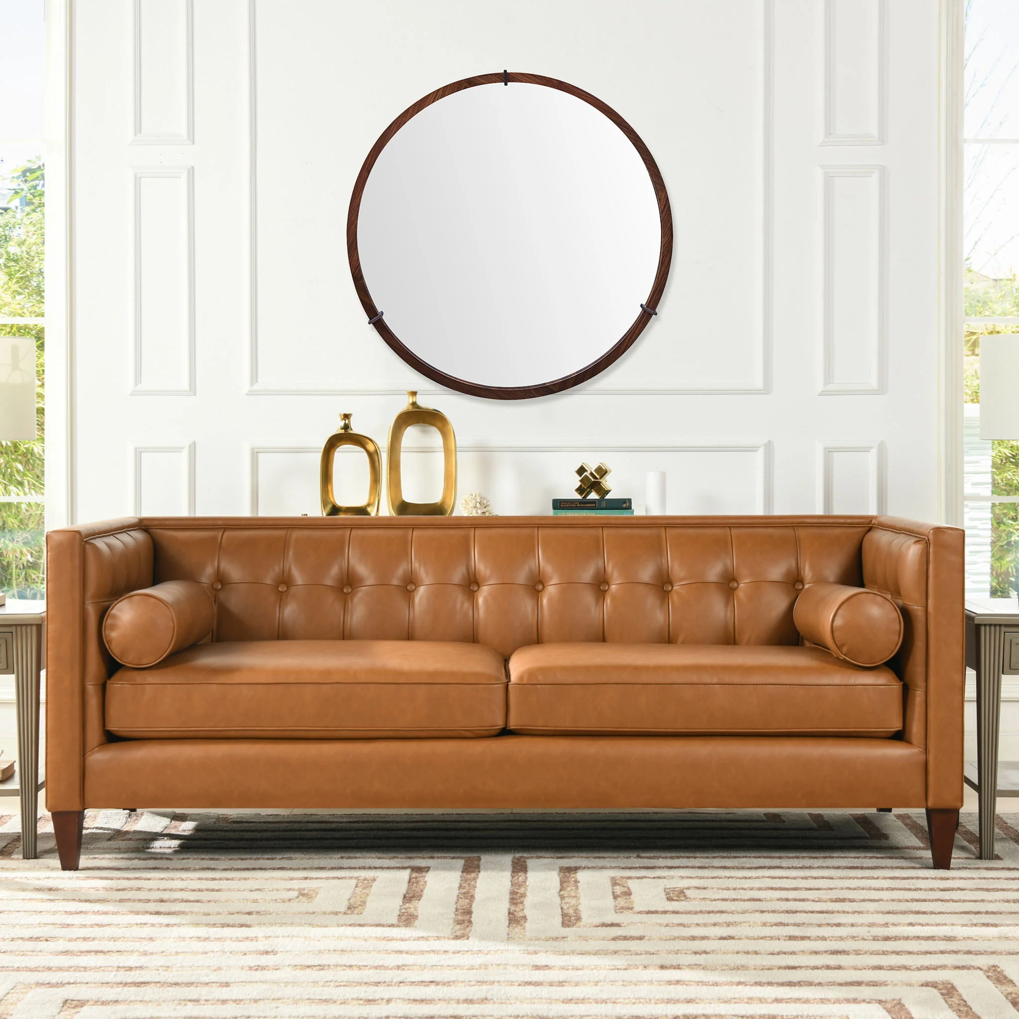 Hausen - Mid-Century Modern Round Accent Wall Mirror - Brown Walnut - Image 7