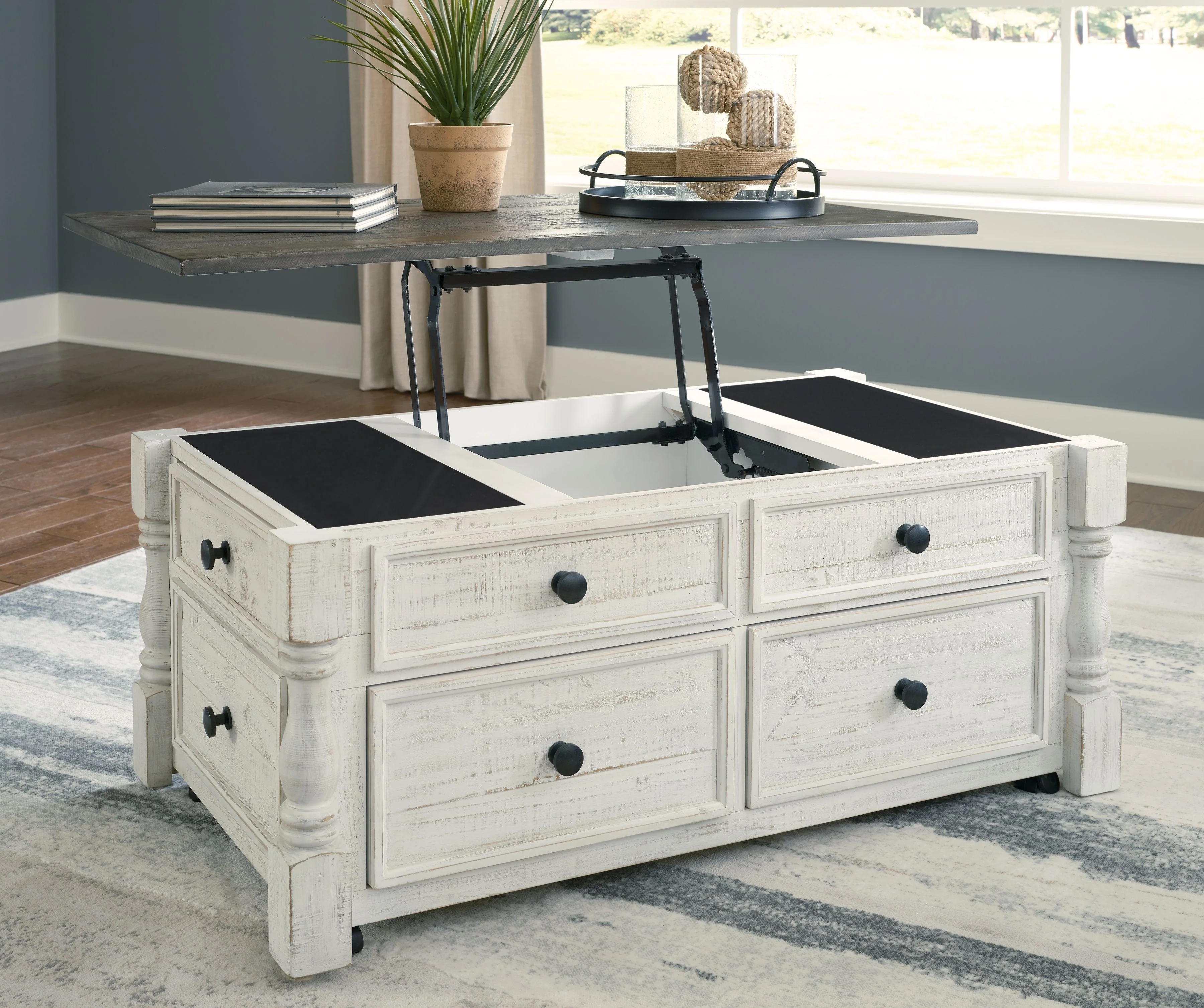 Havalance - Lift Top Cocktail Table with Storage Drawers - White / Gray - Image 10