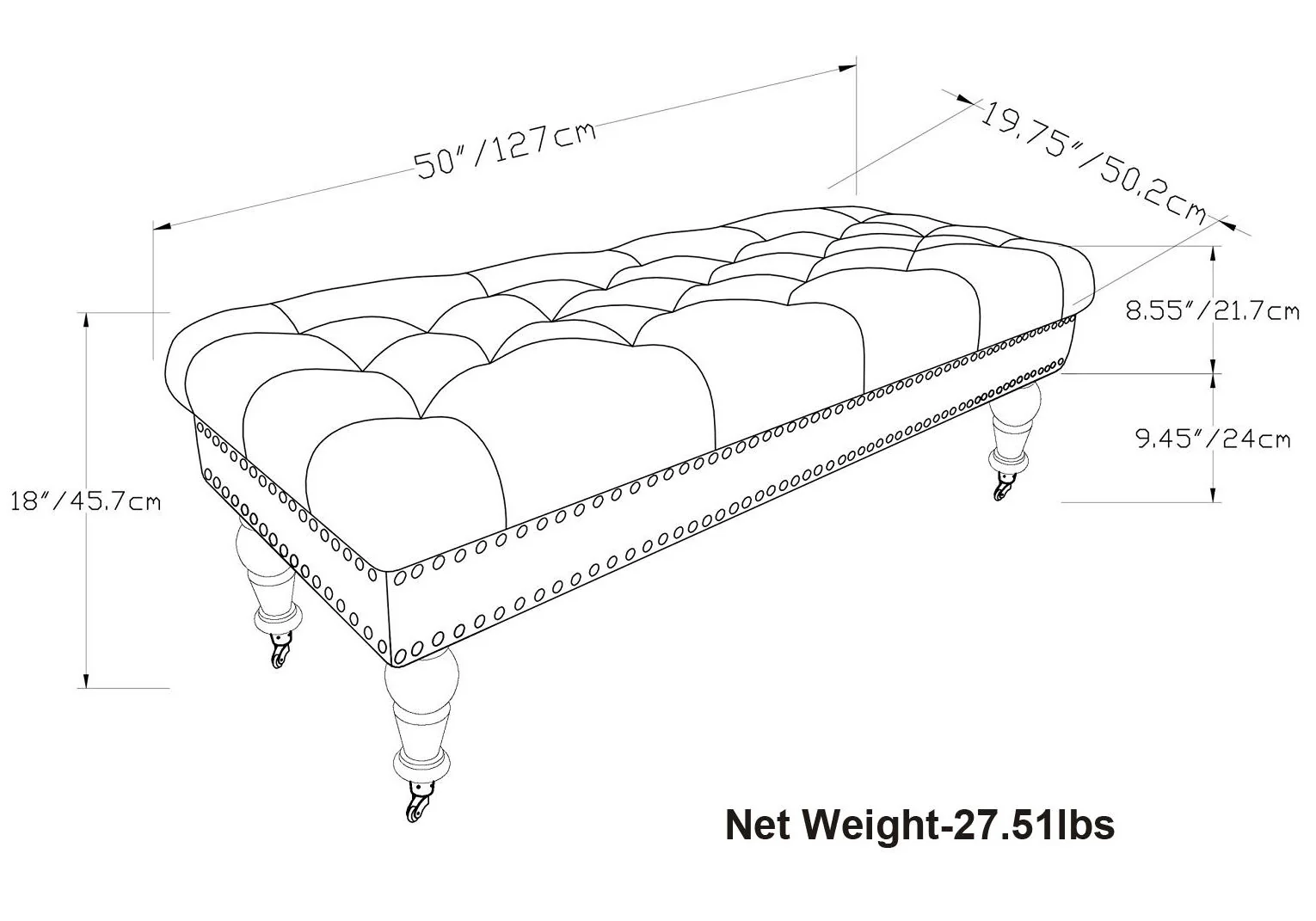 Henley - Tufted Ottoman Bench - Distressed Brown - Image 4