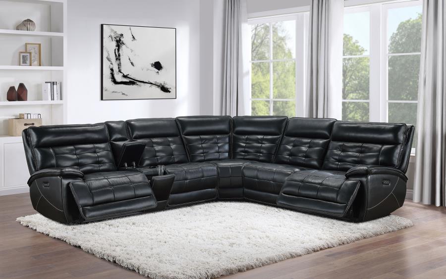 Hewitt - Leather Upholstered Power Reclining Sectional - Black - Image 3