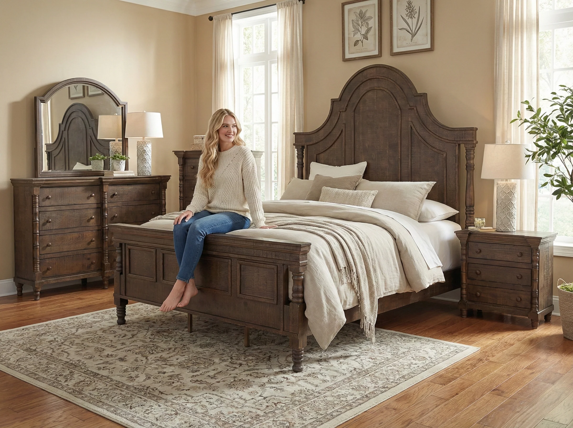 Honeywood Rustic Solid wood 6-Piece Bedroom Set with Arched Headboard, Dresser, Mirror & Nightstand - Image 2