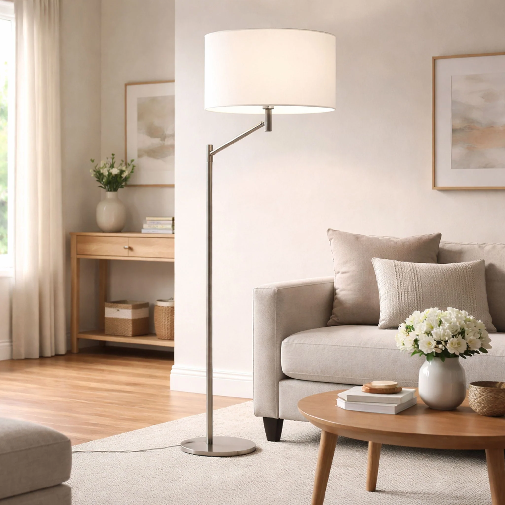 Horizon - Table Lamp With On / Off Switch Curved Base Linen Shade - Brushed Nickel / Silver / White - Image 3