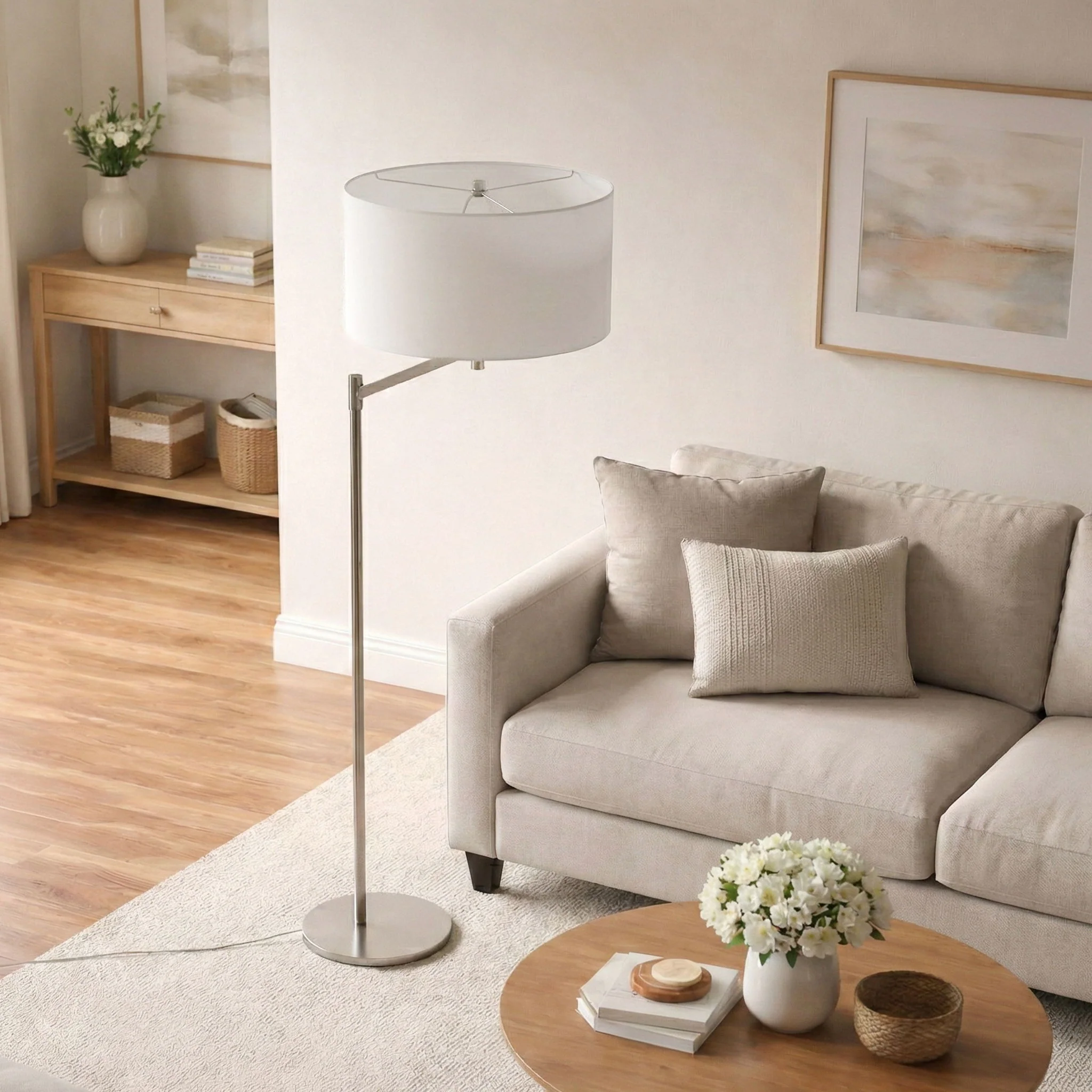 Horizon - Table Lamp With On / Off Switch Curved Base Linen Shade - Brushed Nickel / Silver / White - Image 4