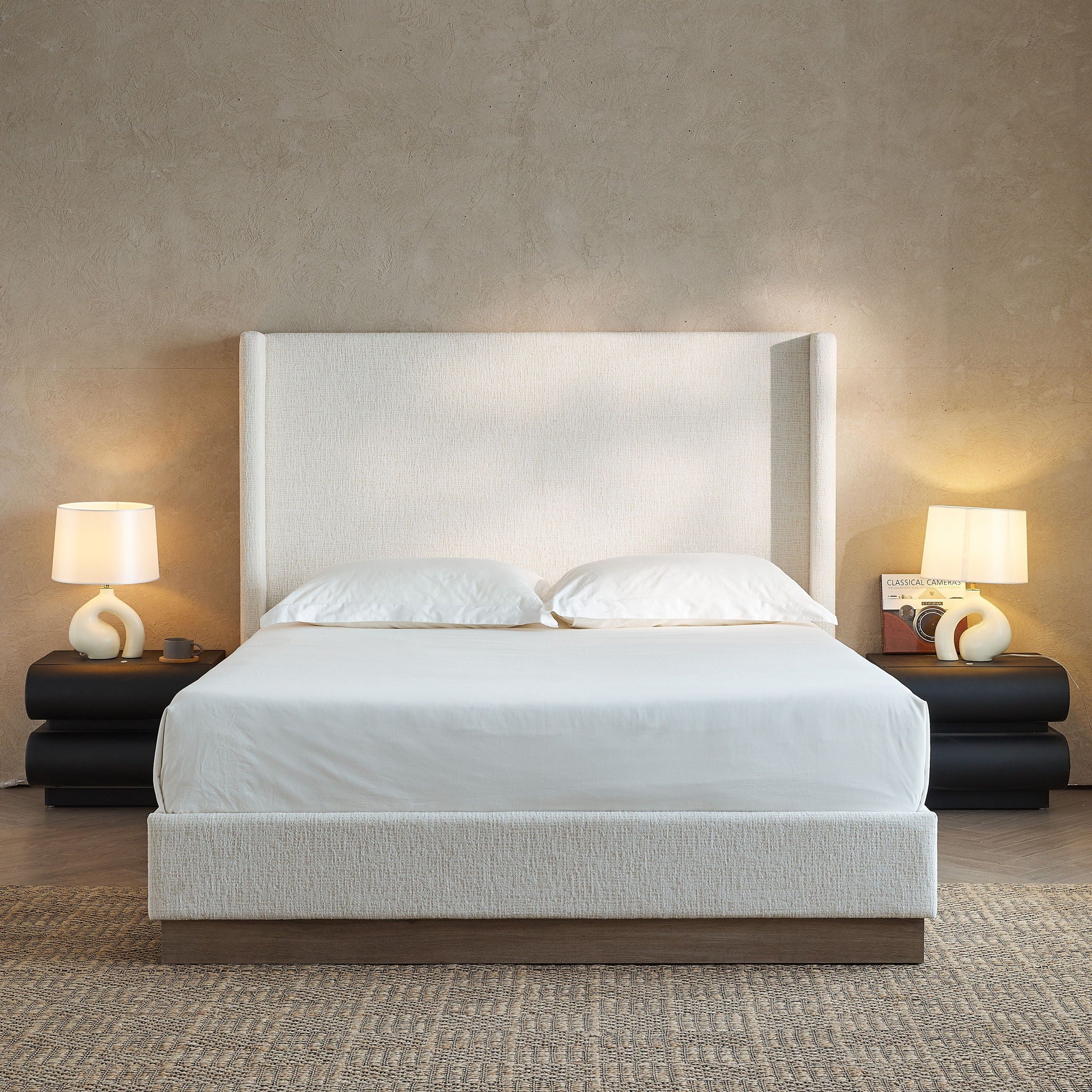 Hosford - Minimalist Upholstered Wingback Bed With Wood Base Platform - Image 18