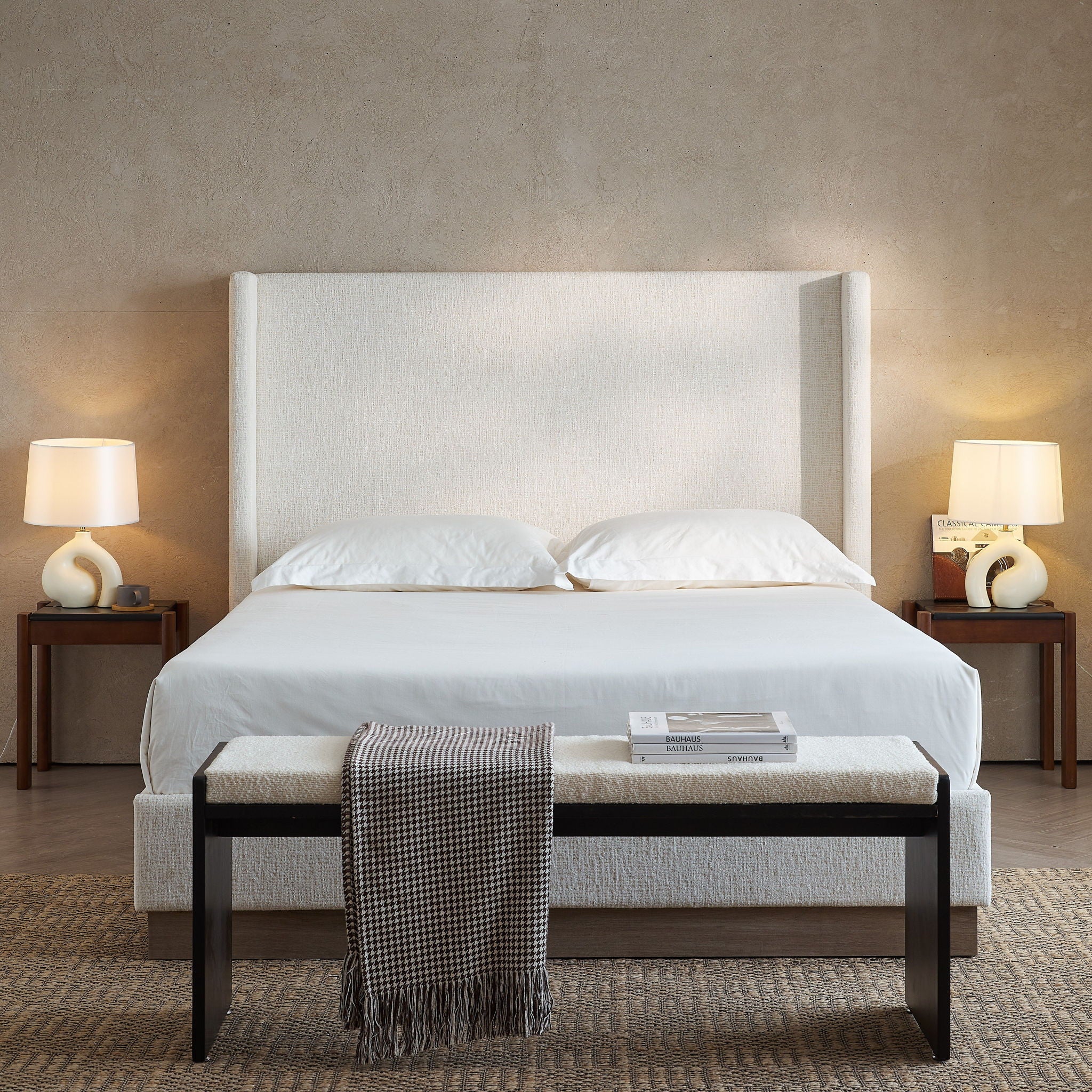 Hosford - Minimalist Upholstered Wingback Bed With Wood Base Platform - Image 19