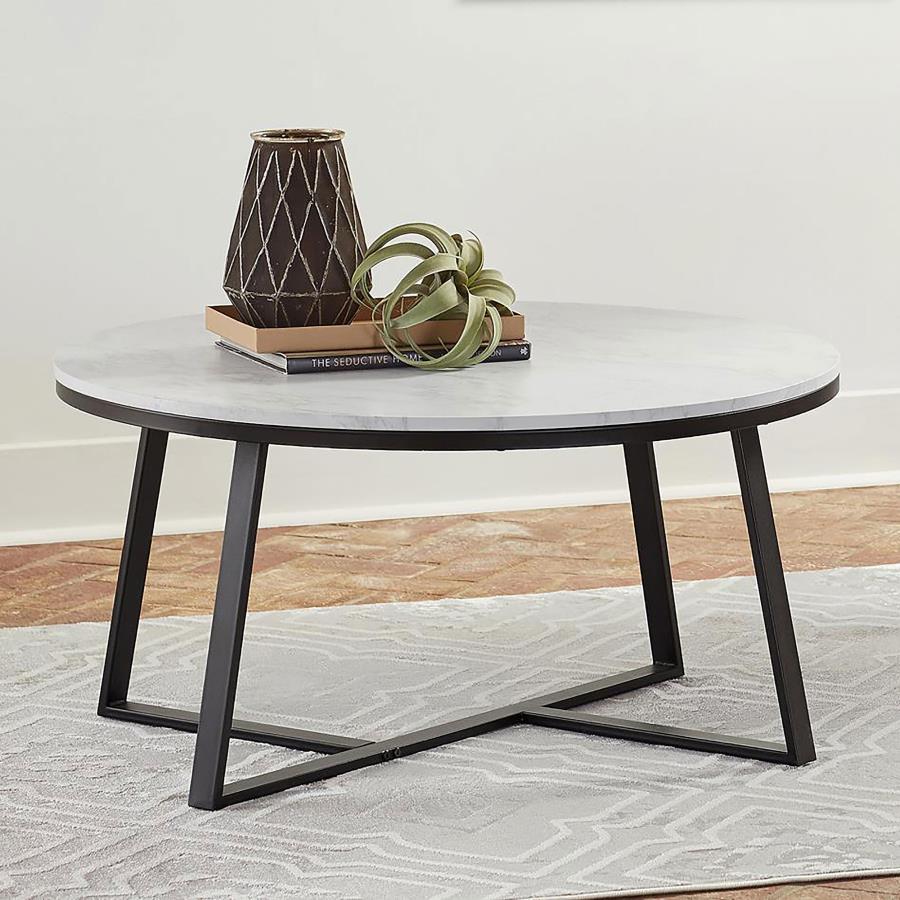 Hugo - Round Faux Marble Coffee Table - White And Matte Black - Image 2
