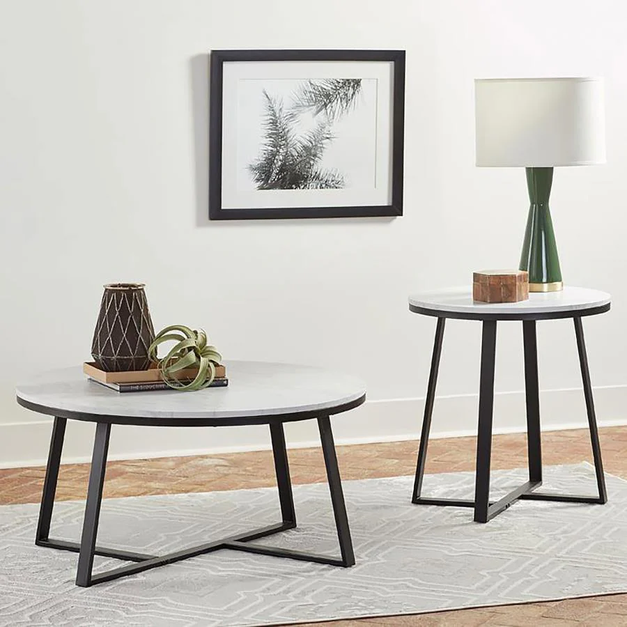 Hugo - Round Faux Marble End Table - White And Matte Black - Image 4