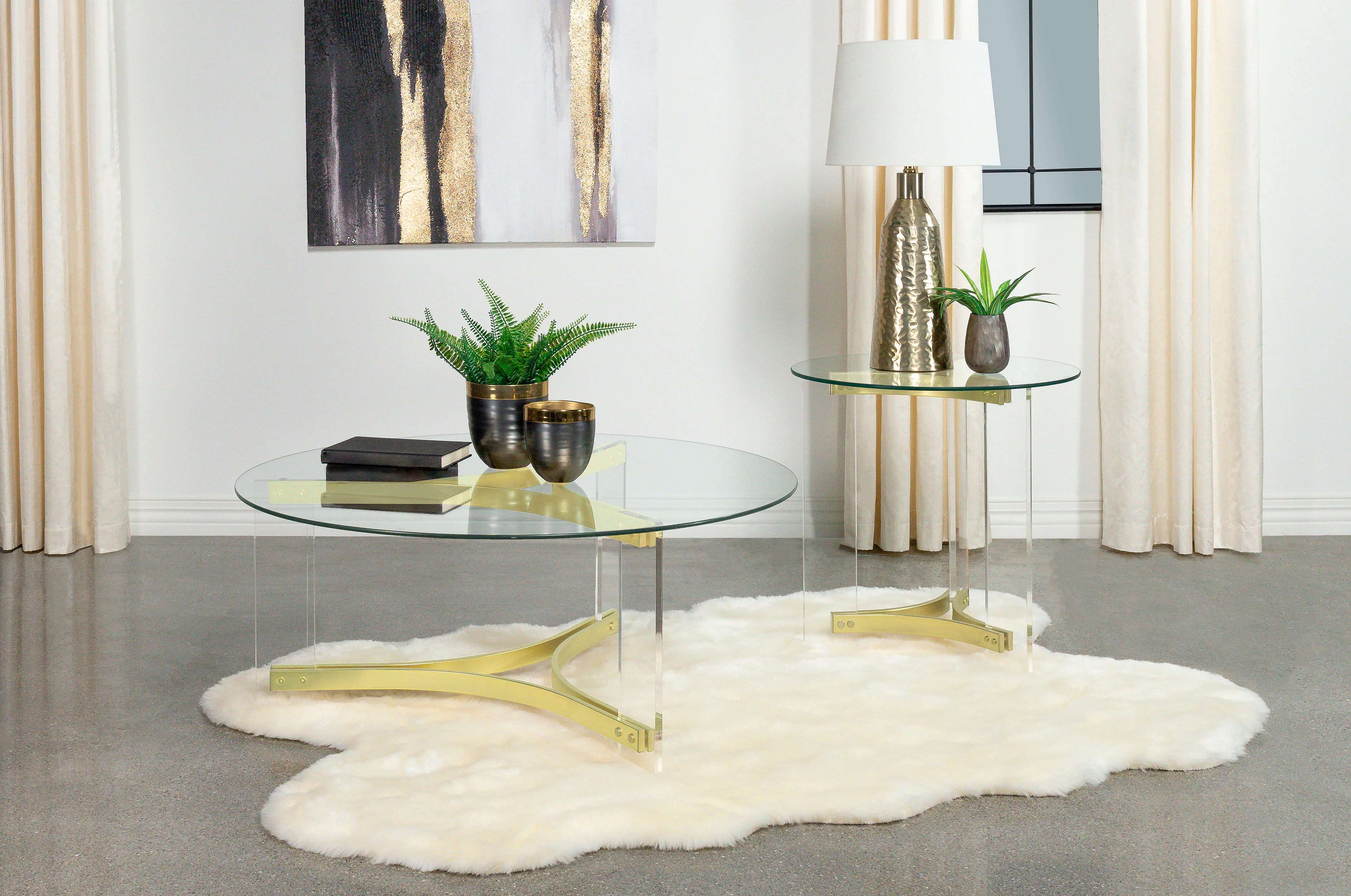 Janessa Acrylic Coffee and End Table Set Matte Brass - Image 25
