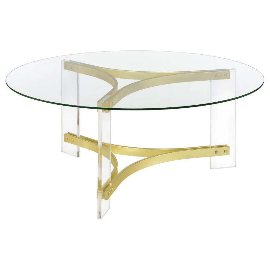 Janessa Round Glass Top Acrylic Leg Coffee Table Matte Brass - Image 10