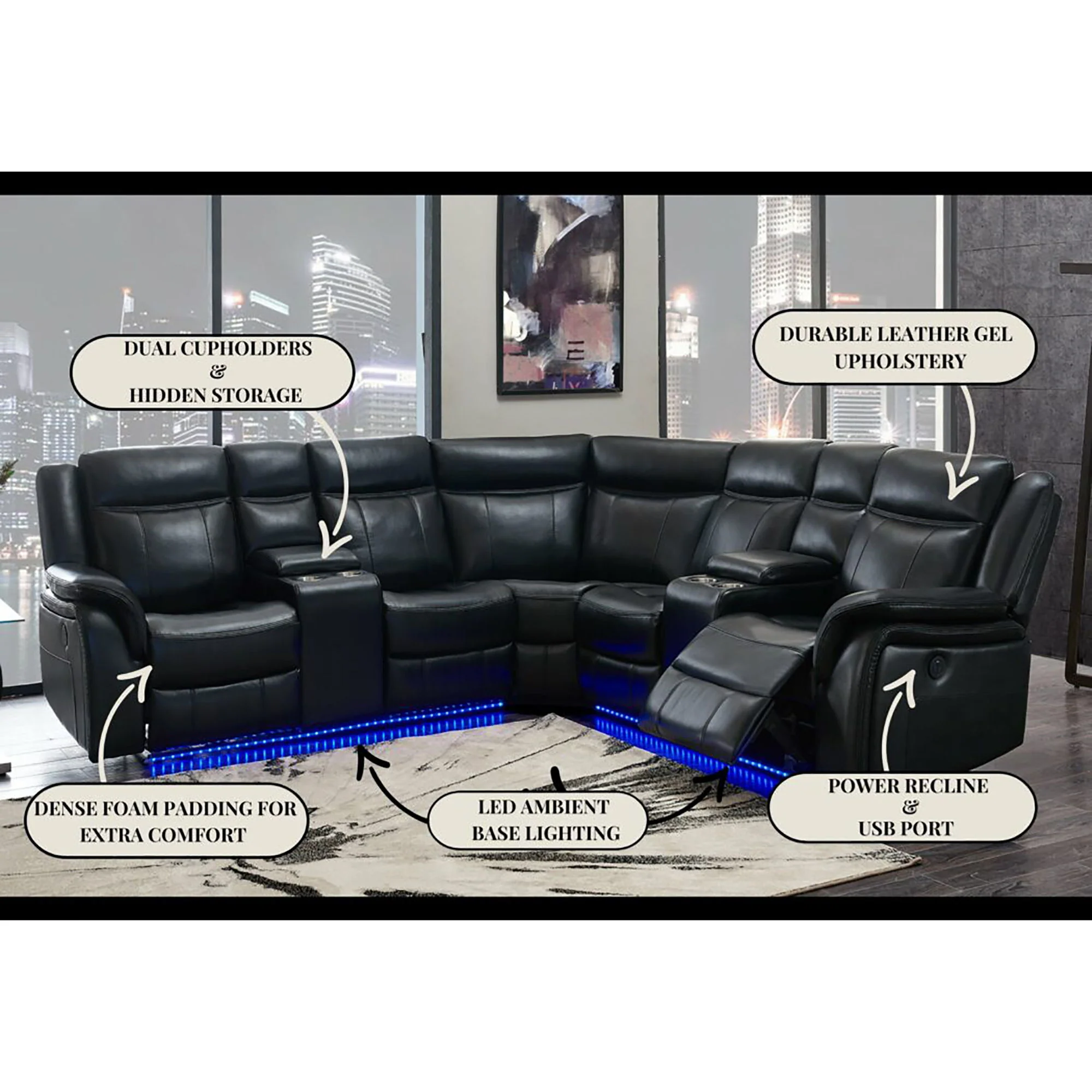 Jupiter - Leather Sectional - Black - Image 5