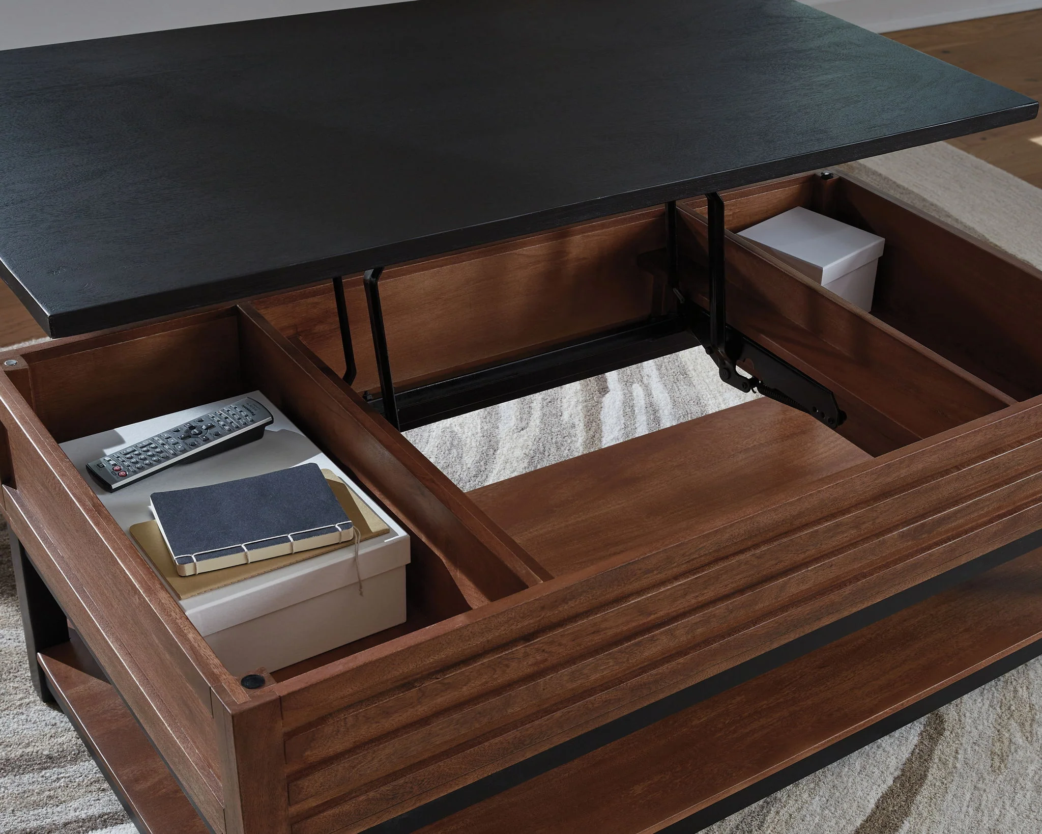 Kallari - Lift Top Cocktail Table - Warm Brown / Black - Image 4