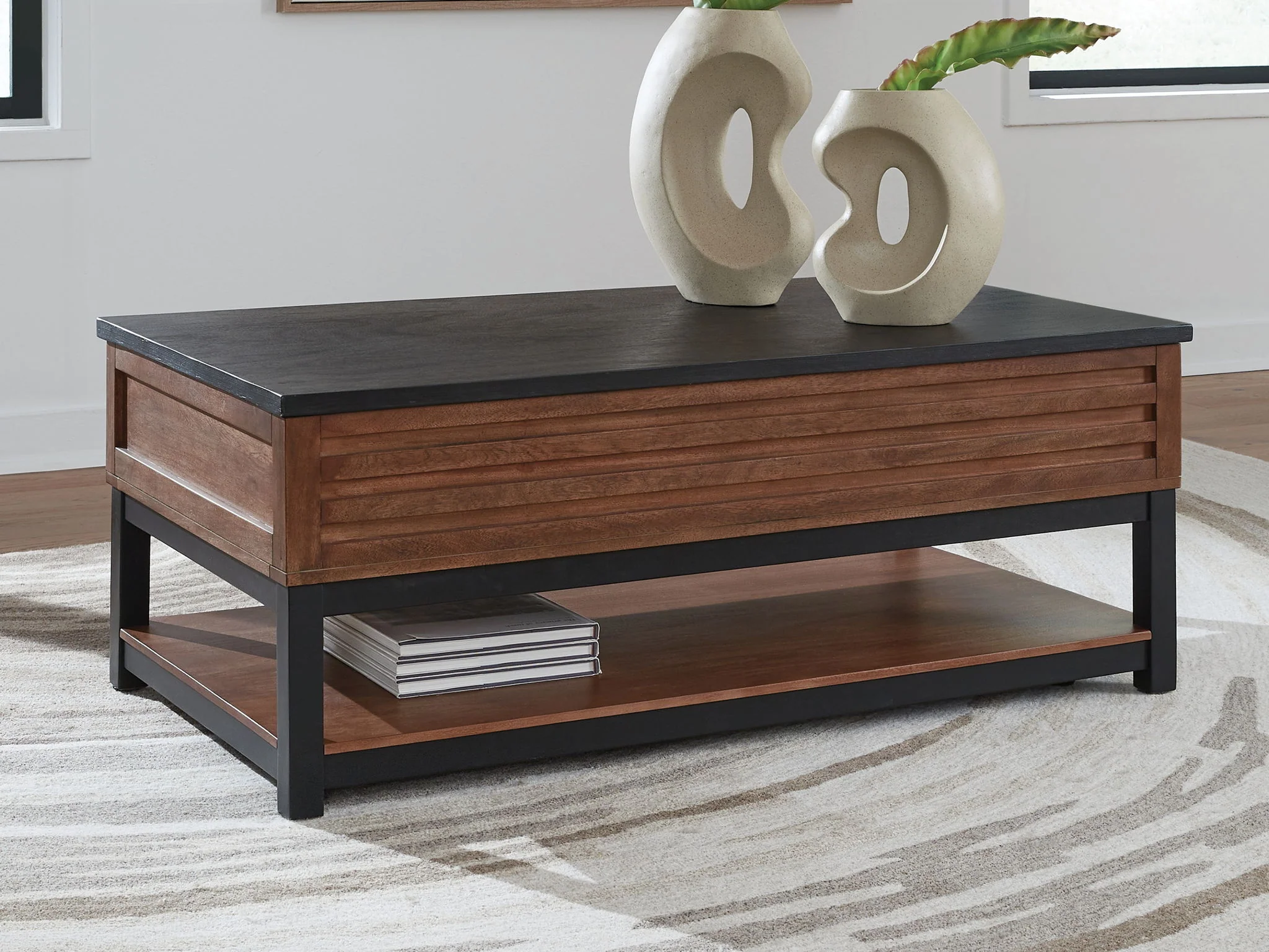 Kallari - Lift Top Cocktail Table - Warm Brown / Black - Image 7
