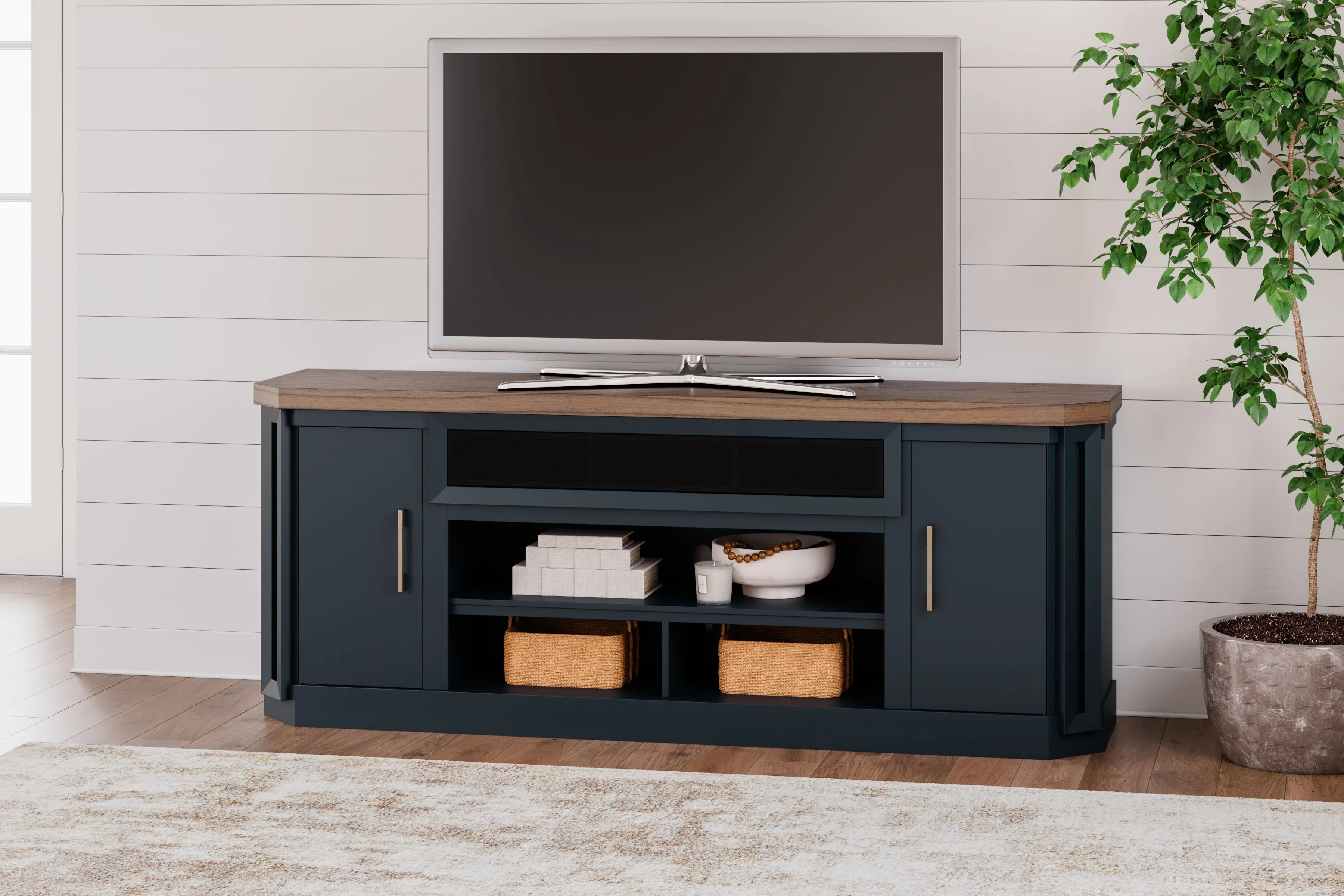 Landocken - XL TV Stand W/Fireplace Option - Brown / Blue - Image 8