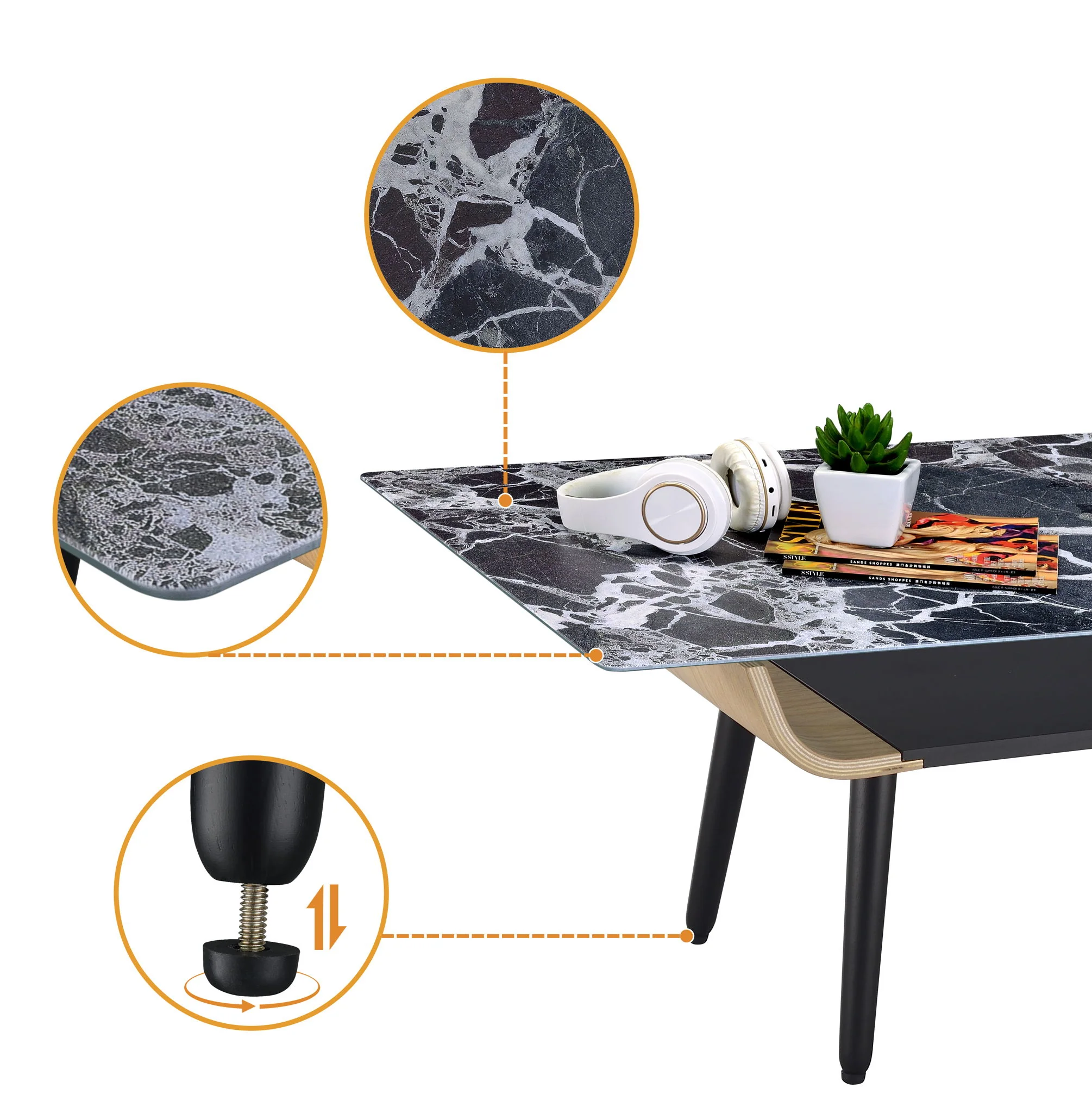 Landon - Coffee Table With Glass Marble Texture Top And Bent Wood Design - Image 6