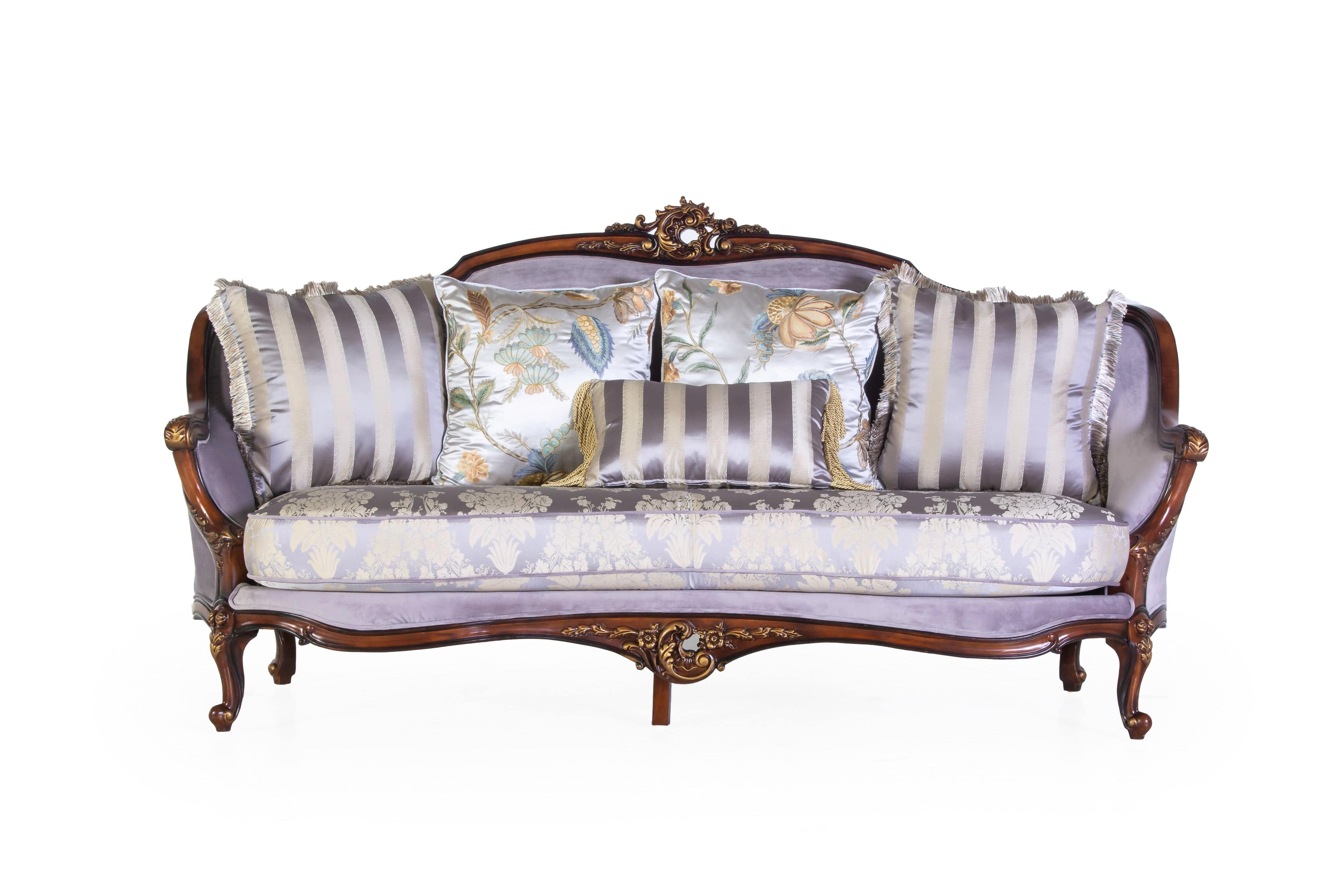 Classic Carved Wood 3-Piece Living Room Set (Sofa, Loveseat & Chair) – Lavender/Silver - Image 3