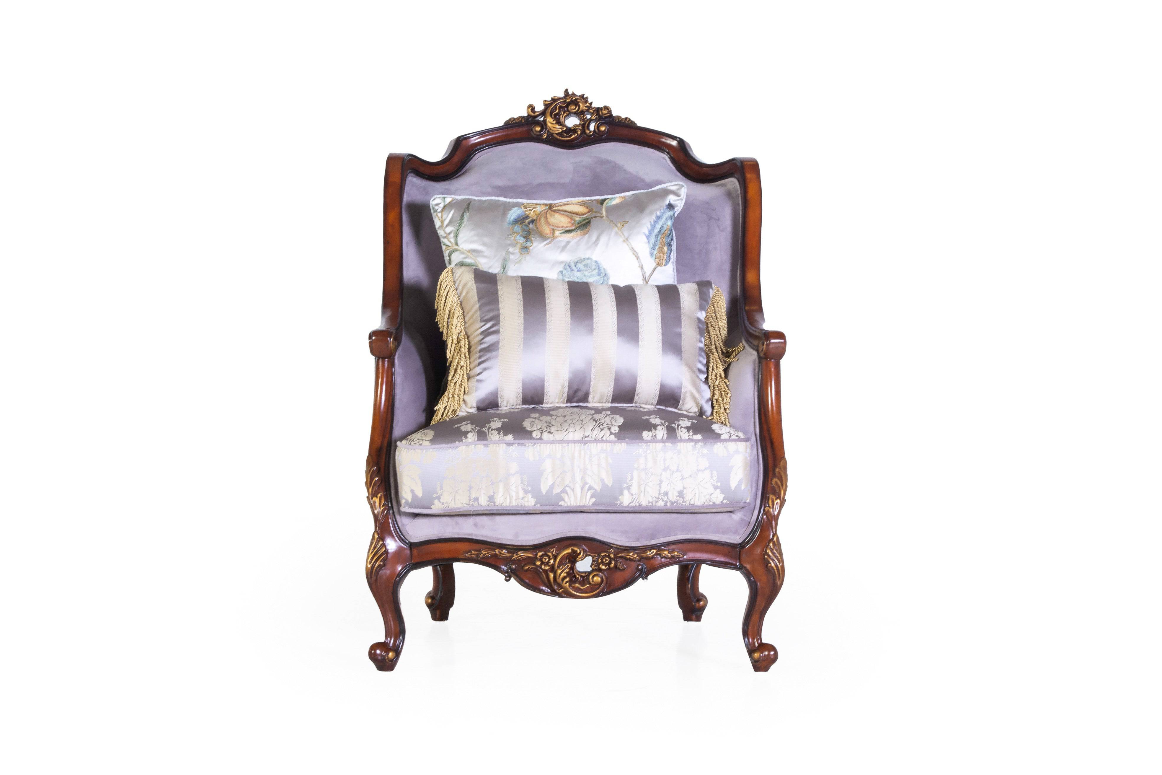 Classic Carved Wood 3-Piece Living Room Set (Sofa, Loveseat & Chair) – Lavender/Silver - Image 5