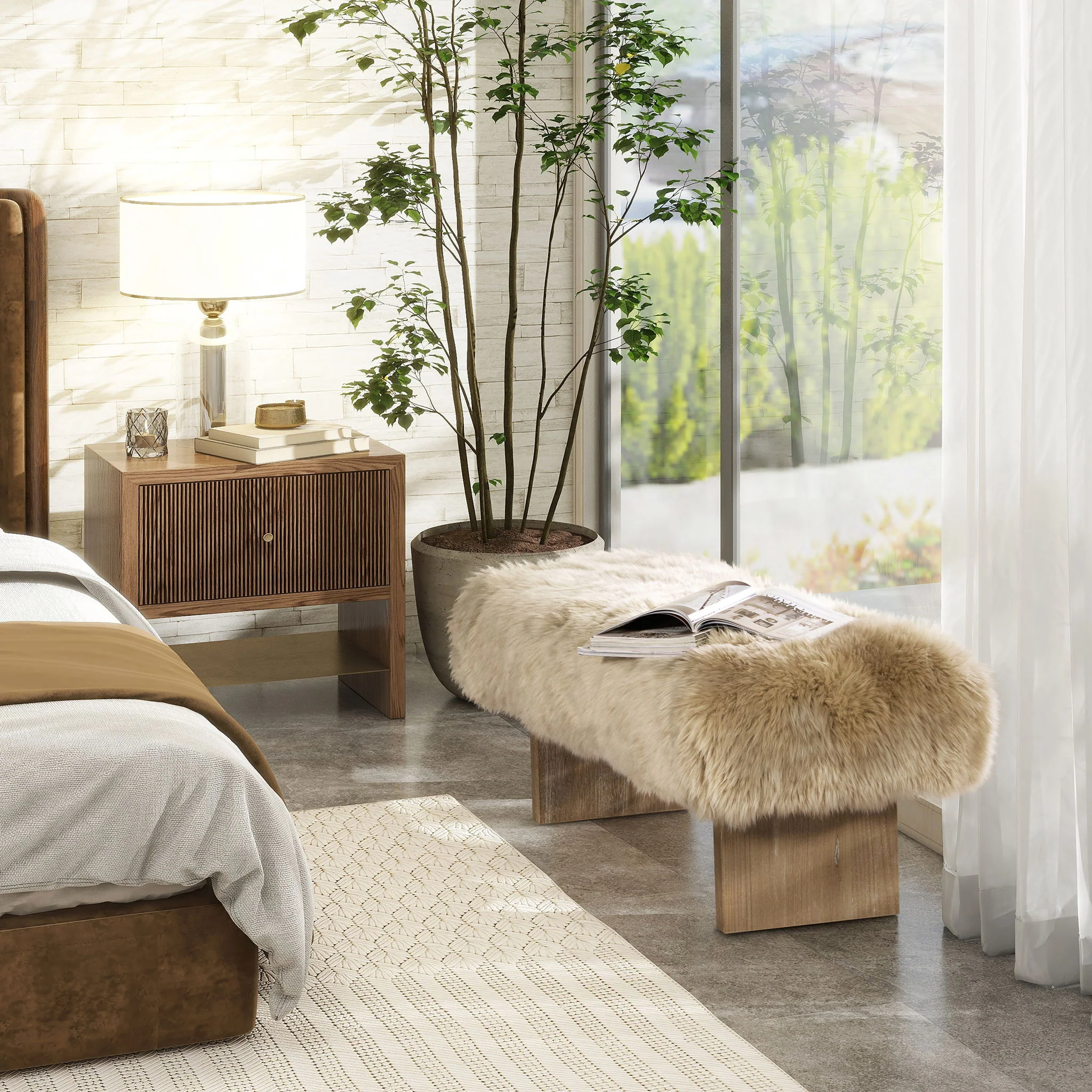 Leda - Sheepskin Fur Rectangular Accent Bench - Natural Blonde - Image 5