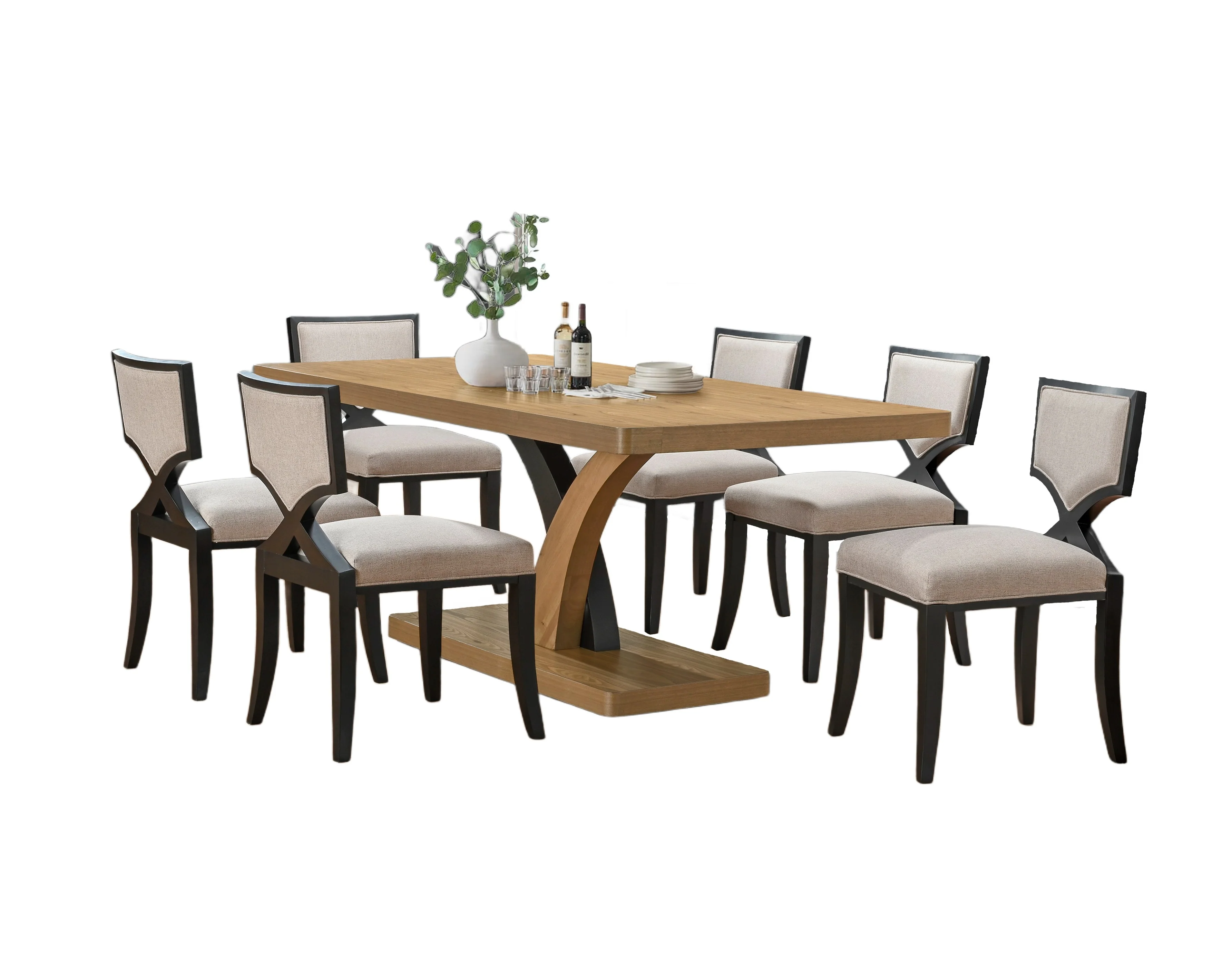 Lenore 7-Piece Two-Tone Dining Set with Sculptural Oak & Black Pedestal Table and Upholstered X-Back Chairs - Image 2