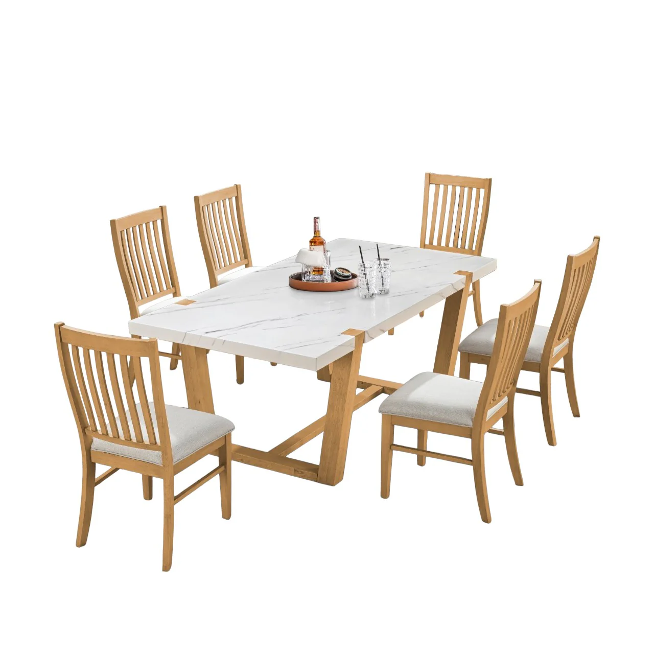 Light Brown 7-Piece Dining Set with Faux-Marble Top & Natural Oak Chairs - Image 2