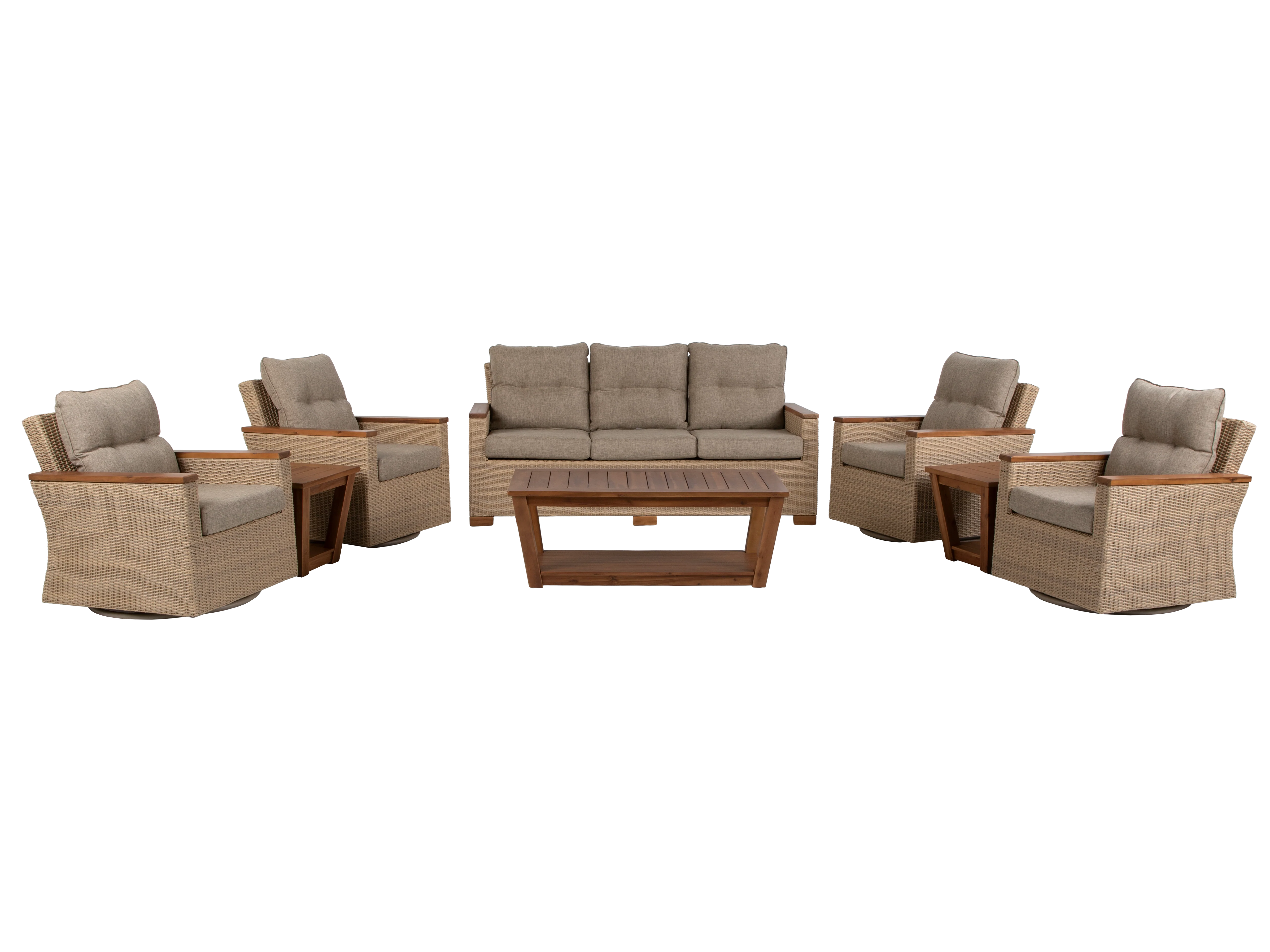 Light Brown Contemporary Wicker 8-Piece Outdoor/Patio Set with 4 Swivel Chairs & Acacia Tables - Image 3