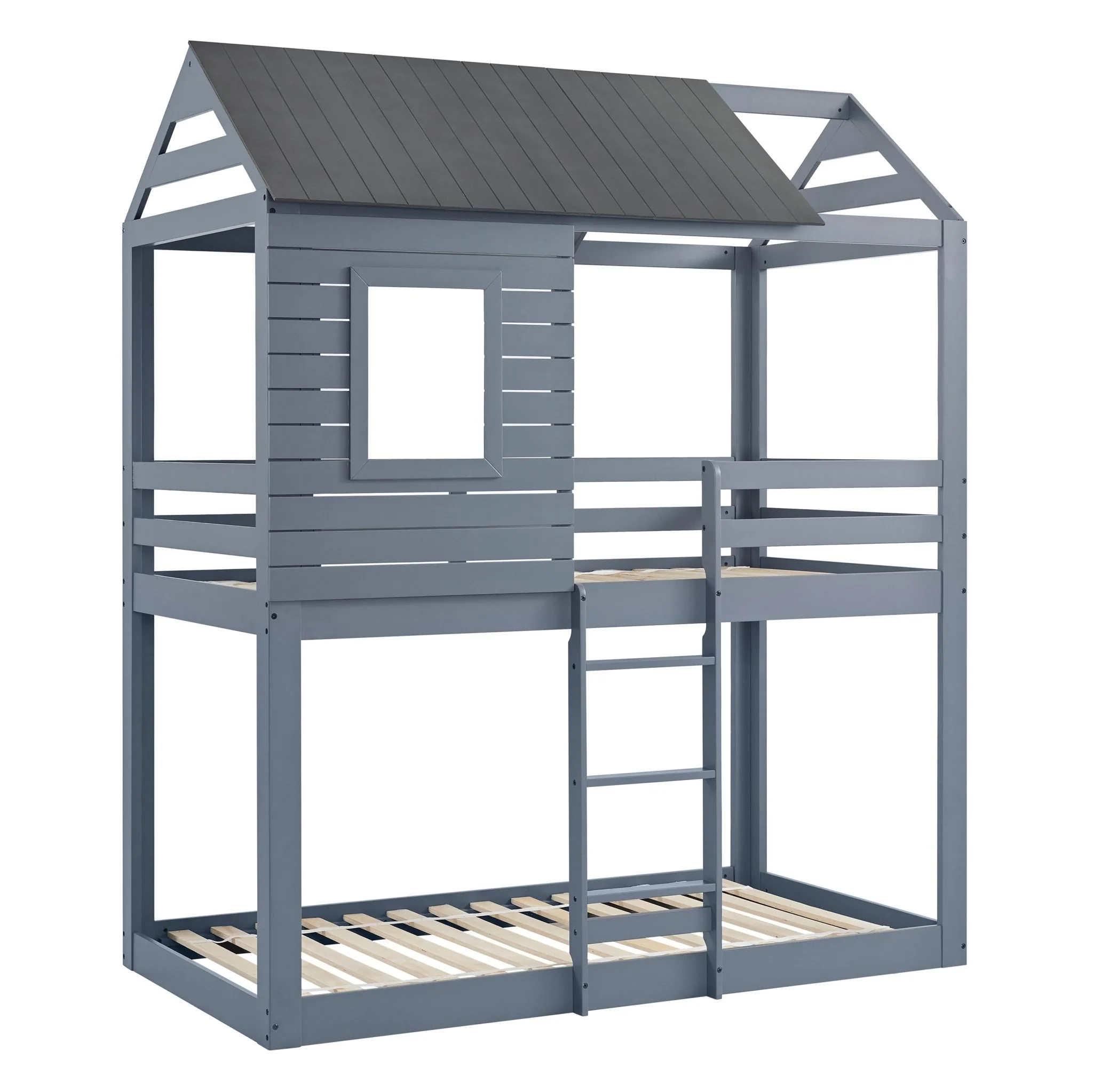 Light Gray Twin House Bunk Bed with Dark Gray Roof - Image 2
