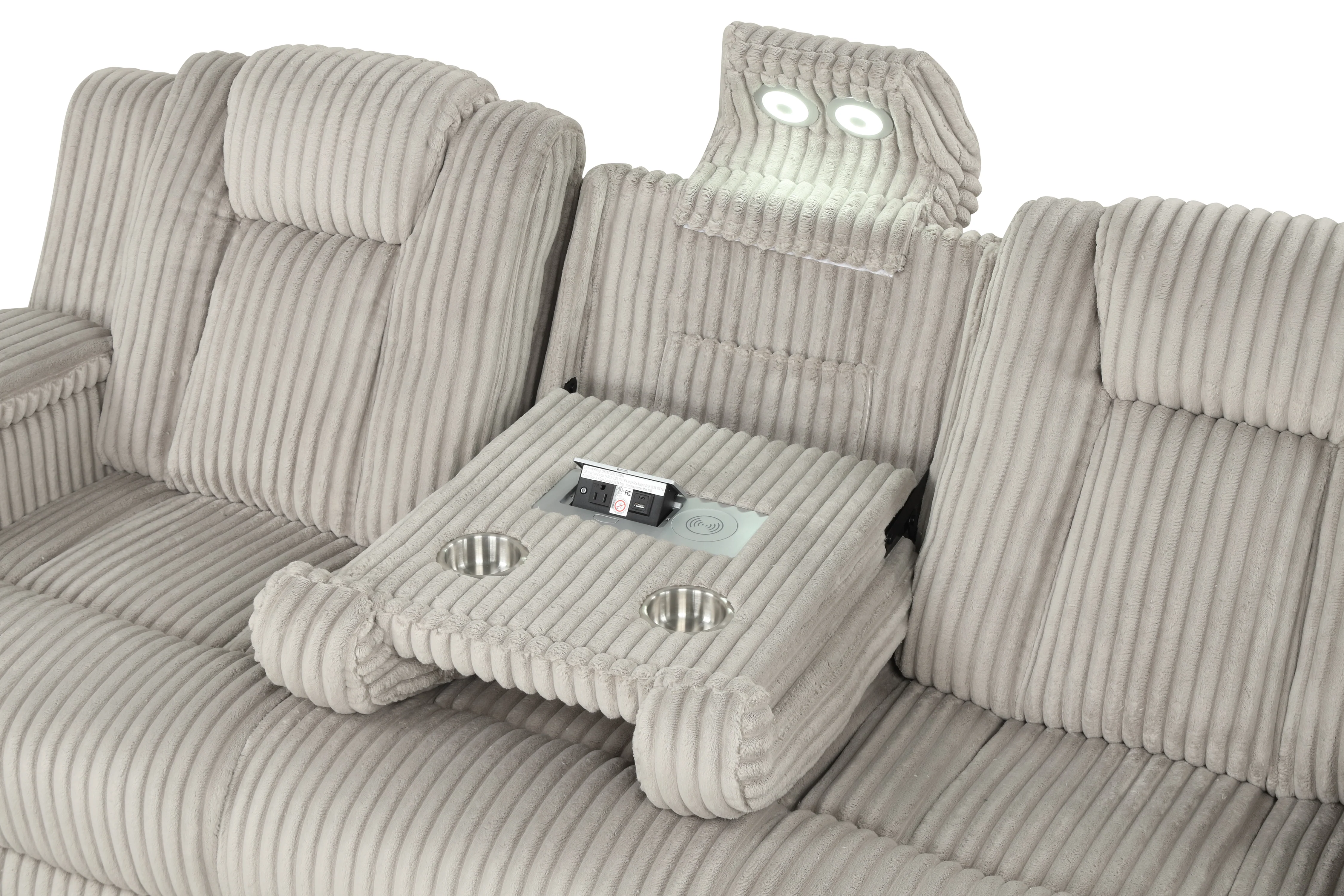 Light Grey Modern Corduroy 3-Piece Power Reclining Living Room Set with Power Headrests, LED Lights, Bluetooth Speakers, USB & Wireless Charging - Image 10