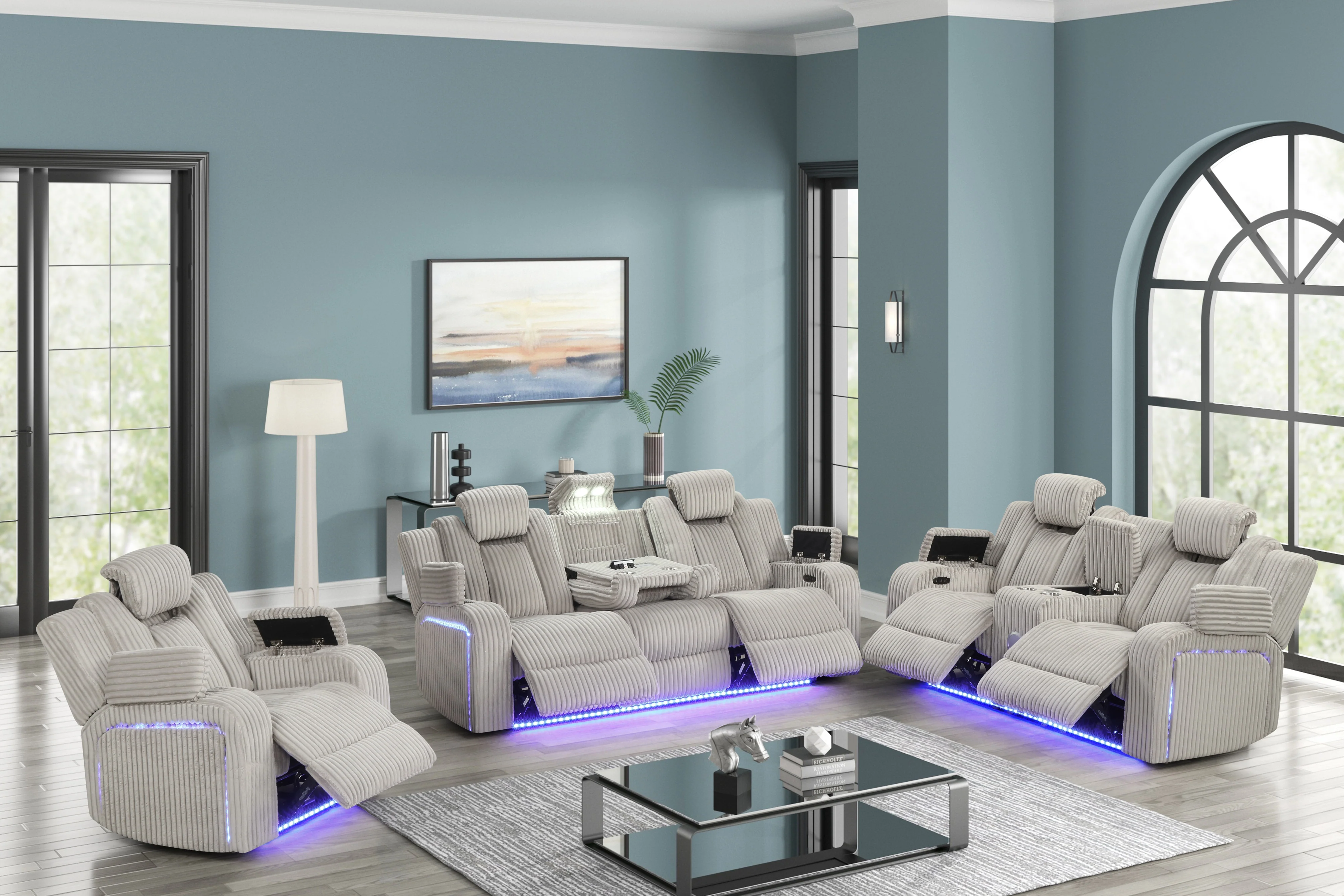 Light Grey Modern Corduroy 3-Piece Power Reclining Living Room Set with Power Headrests, LED Lights, Bluetooth Speakers, USB & Wireless Charging - Image 2