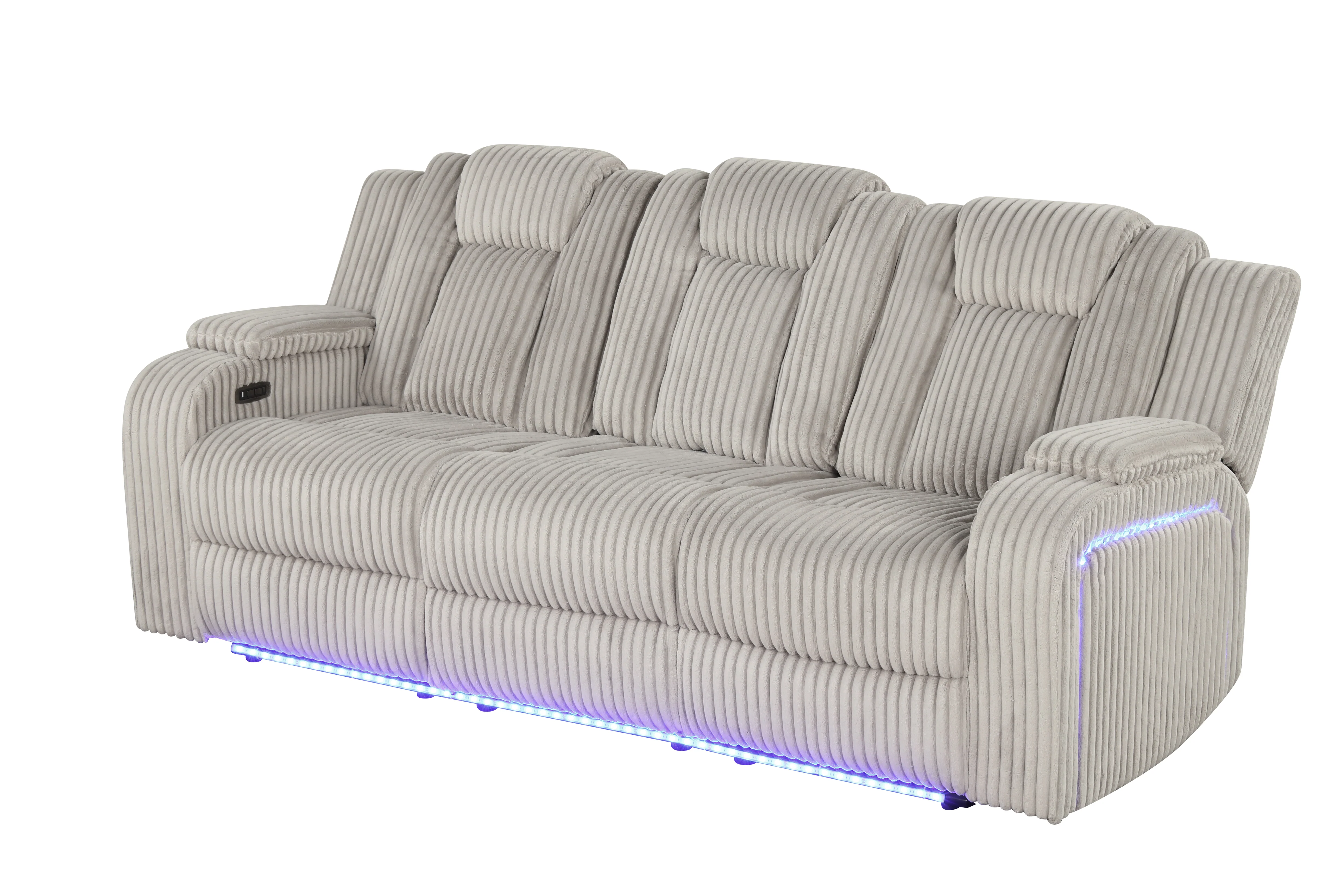Light Grey Modern Corduroy 3-Piece Power Reclining Living Room Set with Power Headrests, LED Lights, Bluetooth Speakers, USB & Wireless Charging - Image 3