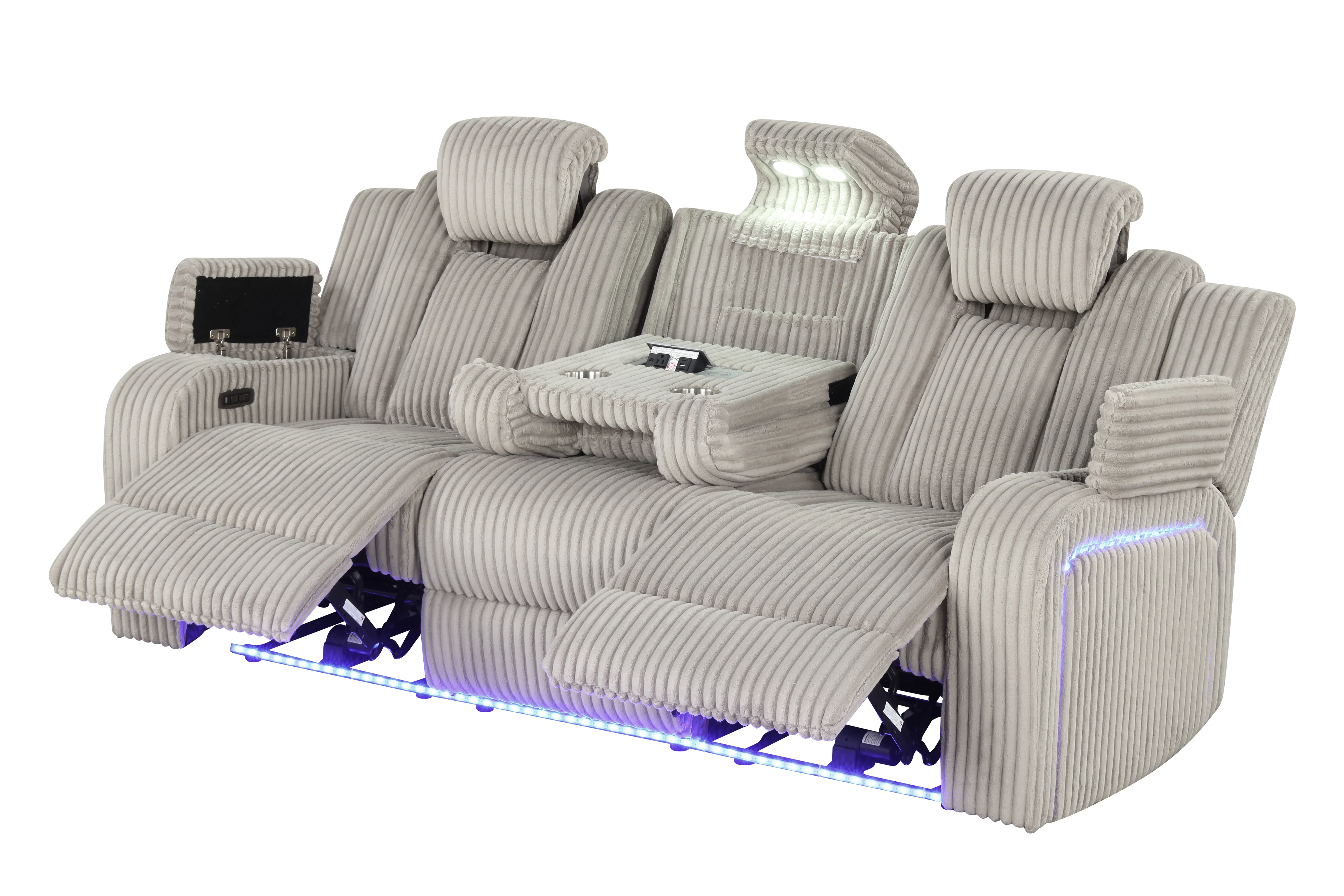 Light Grey Modern Corduroy 3-Piece Power Reclining Living Room Set with Power Headrests, LED Lights, Bluetooth Speakers, USB & Wireless Charging - Image 4