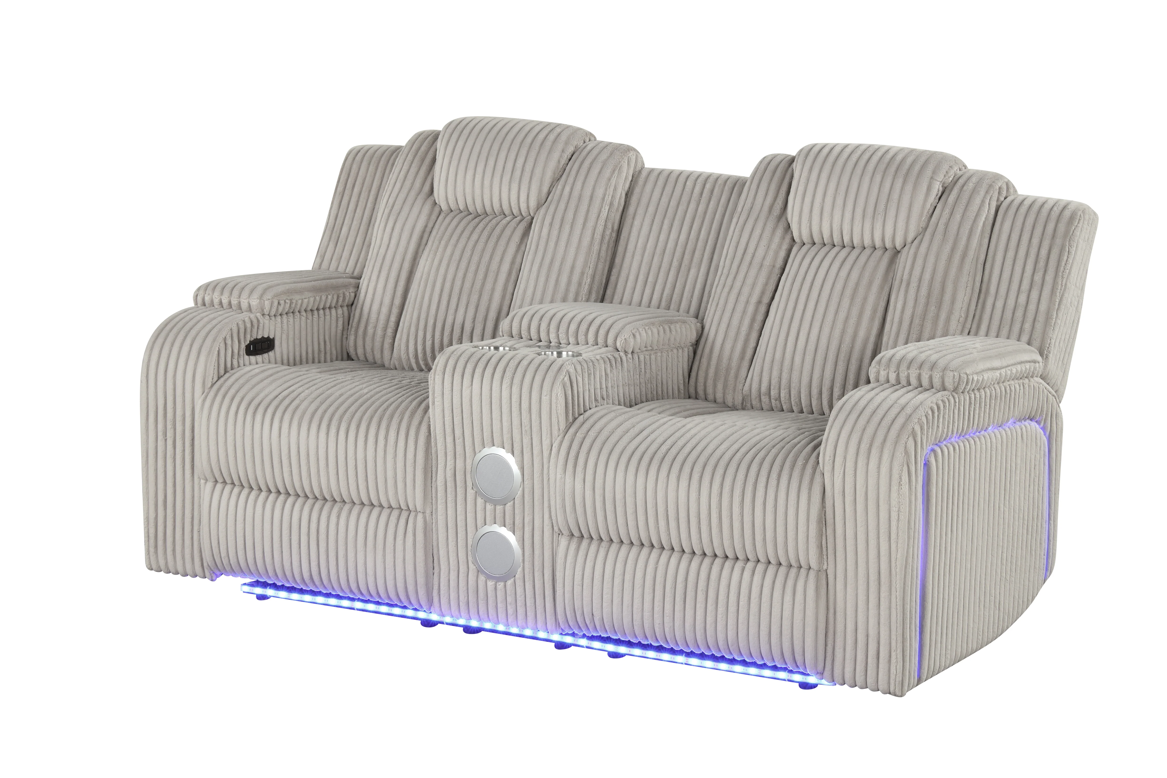 Light Grey Modern Corduroy 3-Piece Power Reclining Living Room Set with Power Headrests, LED Lights, Bluetooth Speakers, USB & Wireless Charging - Image 5