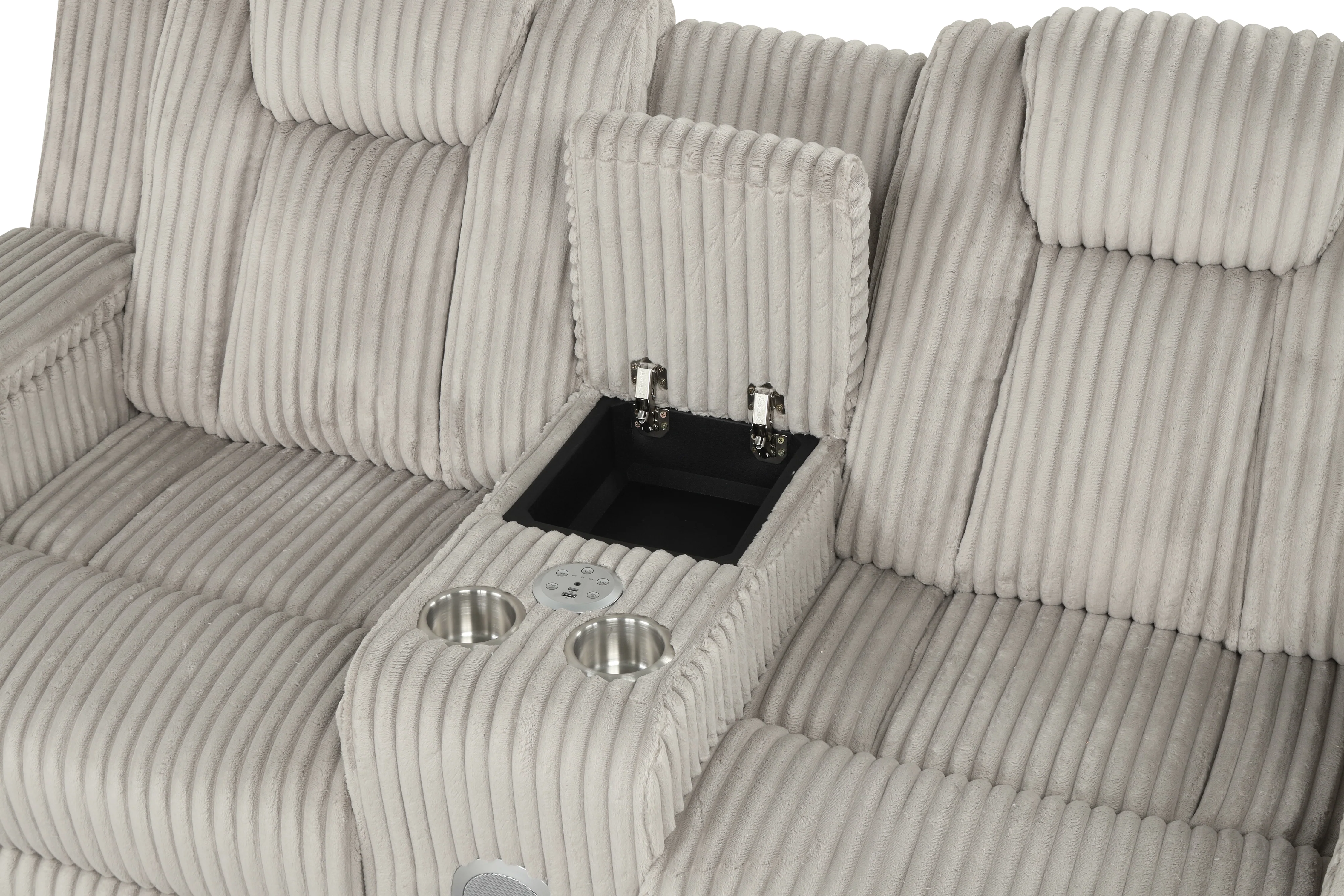 Light Grey Modern Corduroy 3-Piece Power Reclining Living Room Set with Power Headrests, LED Lights, Bluetooth Speakers, USB & Wireless Charging - Image 9