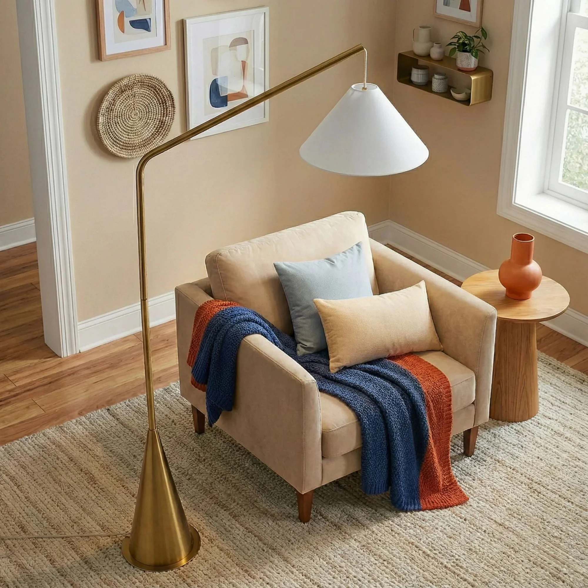 Lisbon - Floor Lamp With On / Off Switch Coned Base Hanging Shade - Antique Brass / White - Image 2