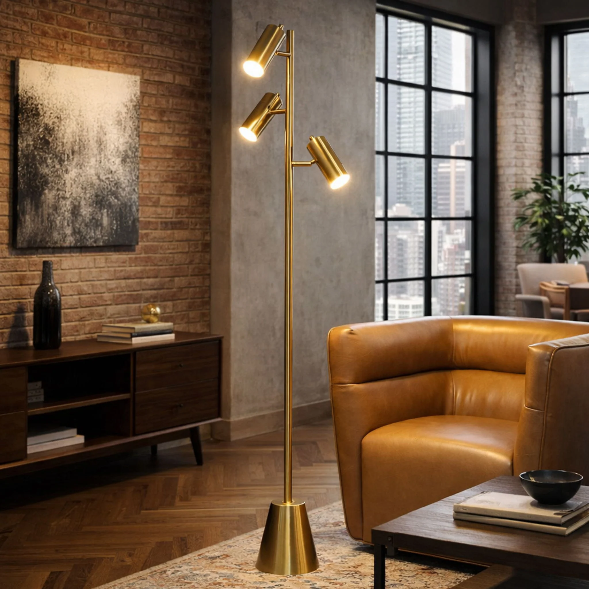 Lumina - Floor Lamp With Rotary Switch Triple Spots Cone Base - Gold - Image 3