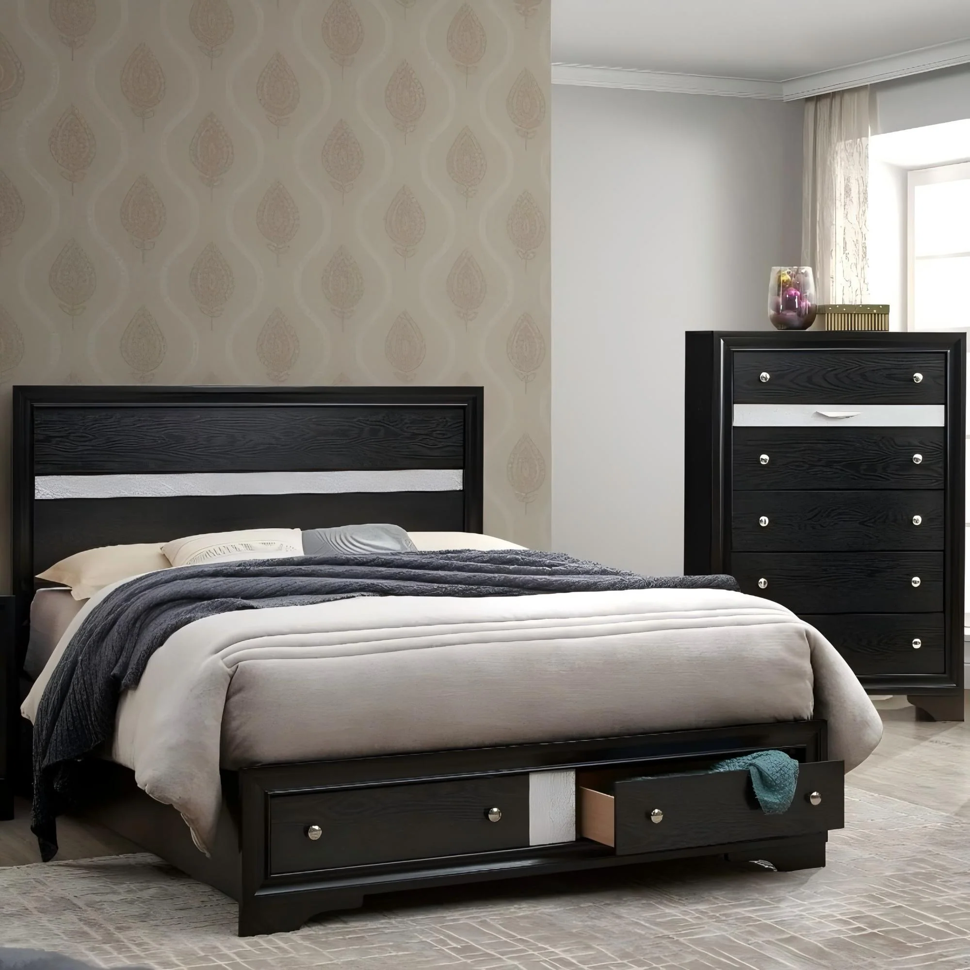 Madrid - Queen Bed With Storage Drawers And Nickel Handles - Black - Image 5