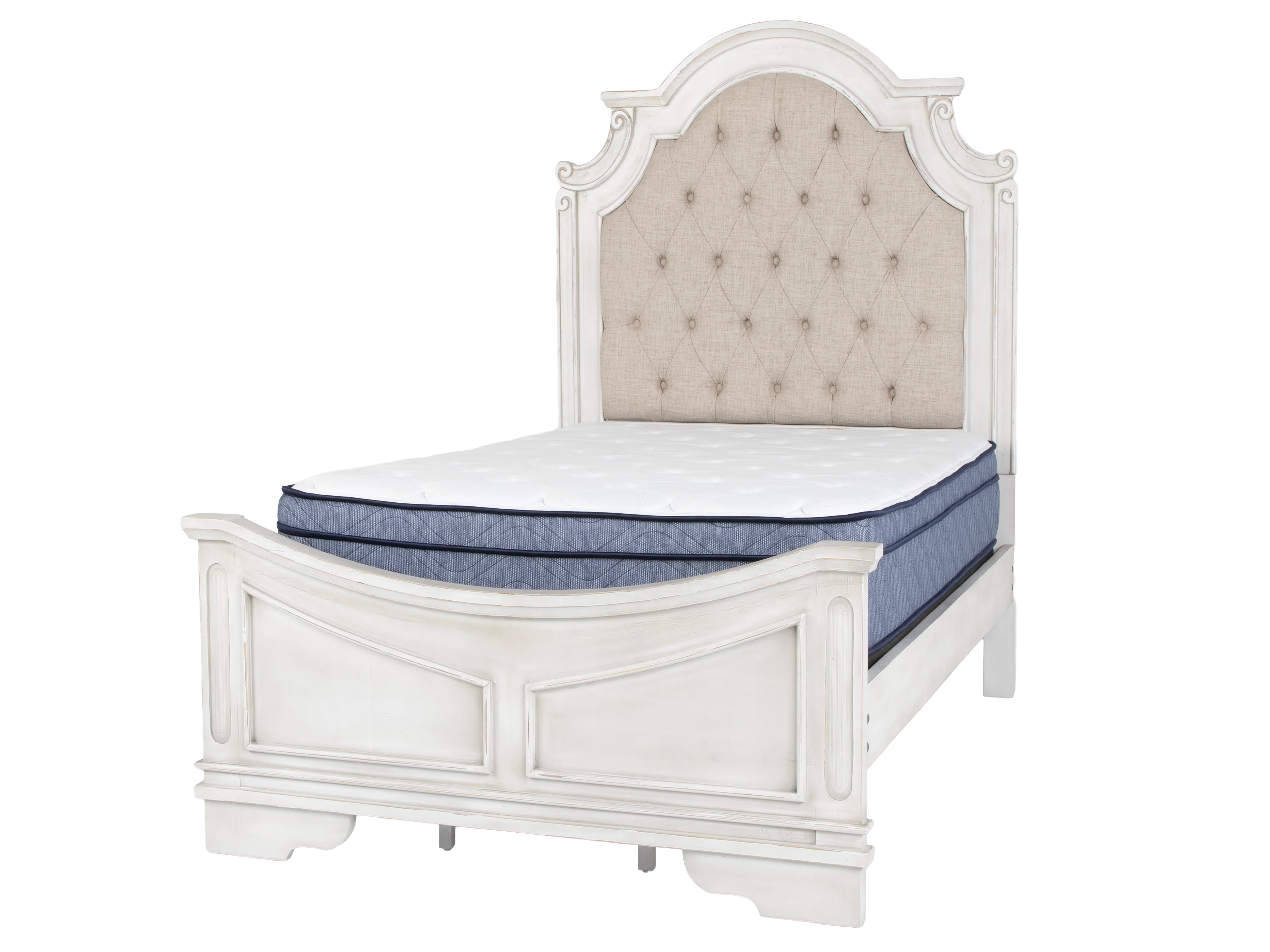 Magnolia 7-Piece Bedroom Set with Tufted Upholstered Bed, Vanity Desk, Tri-Fold Mirror, Stool & Nightstand – Savanna White Finish - Image 6